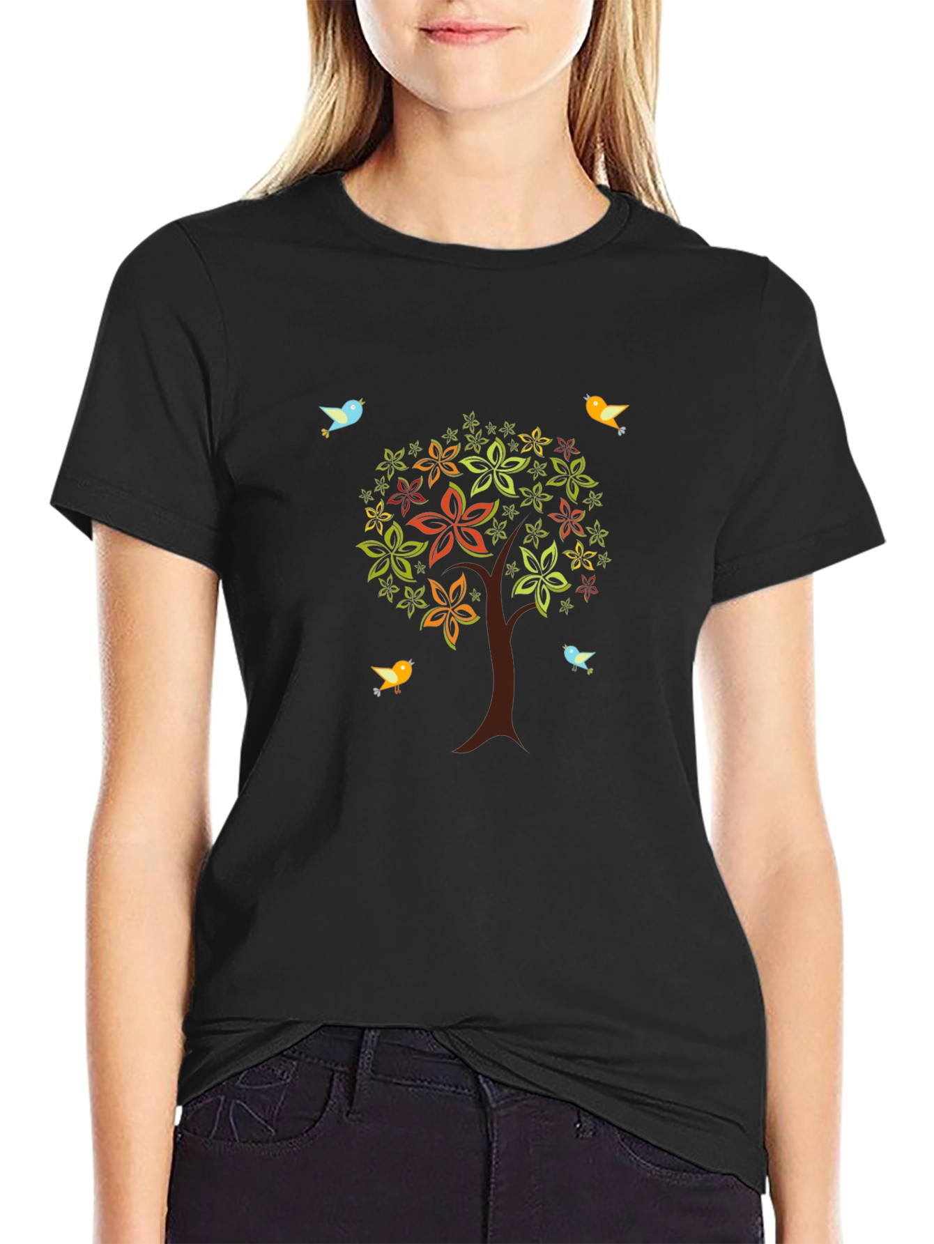 Camiseta Negra Árbol Floral y Aves