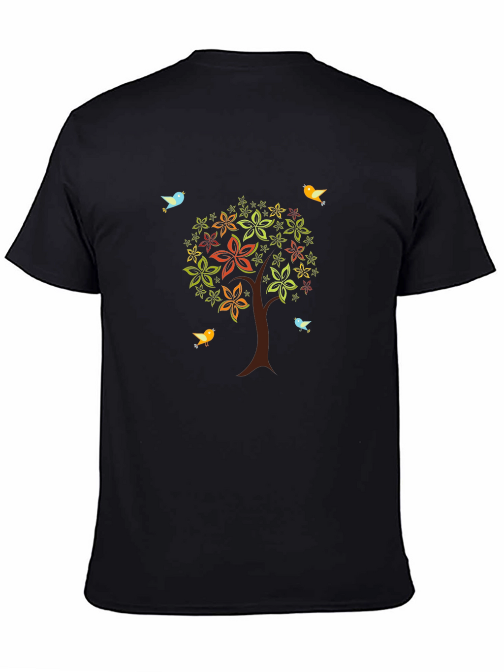 Camiseta Negra Árbol Floral y Aves