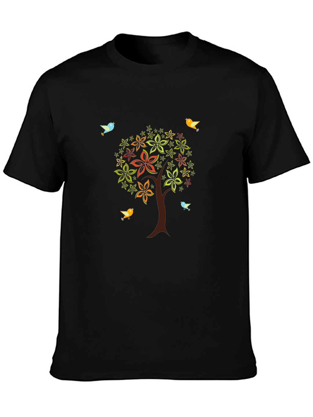 Camiseta Negra Árbol Floral y Aves