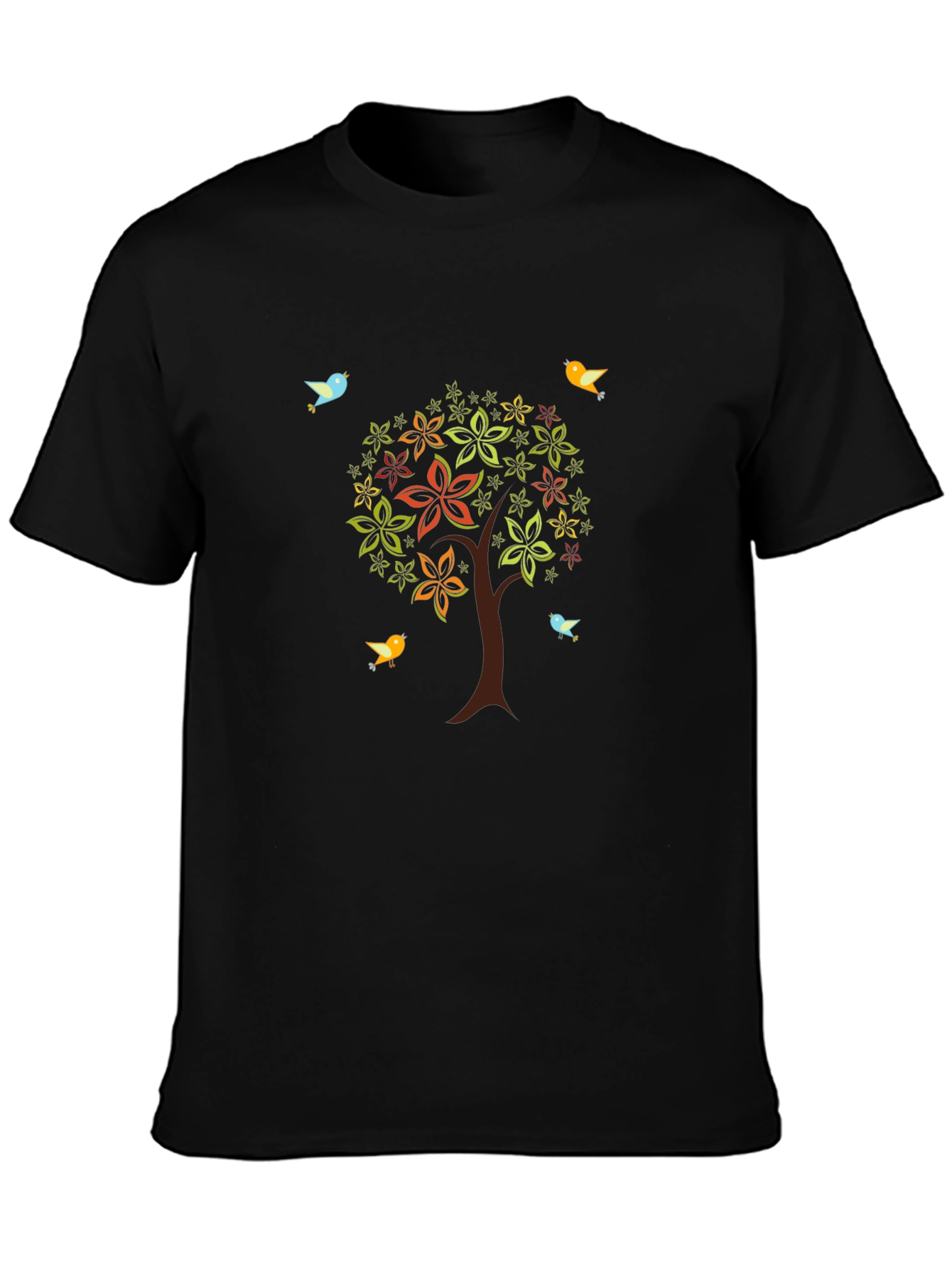 Camiseta Negra Árbol Floral y Aves