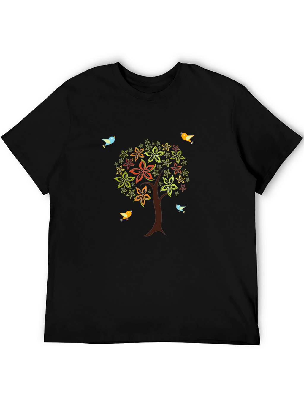 Camiseta Negra Árbol Floral y Aves