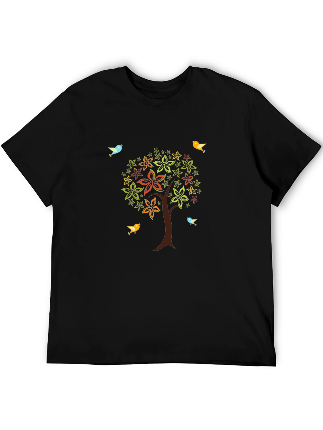 Camiseta Negra Árbol Floral y Aves
