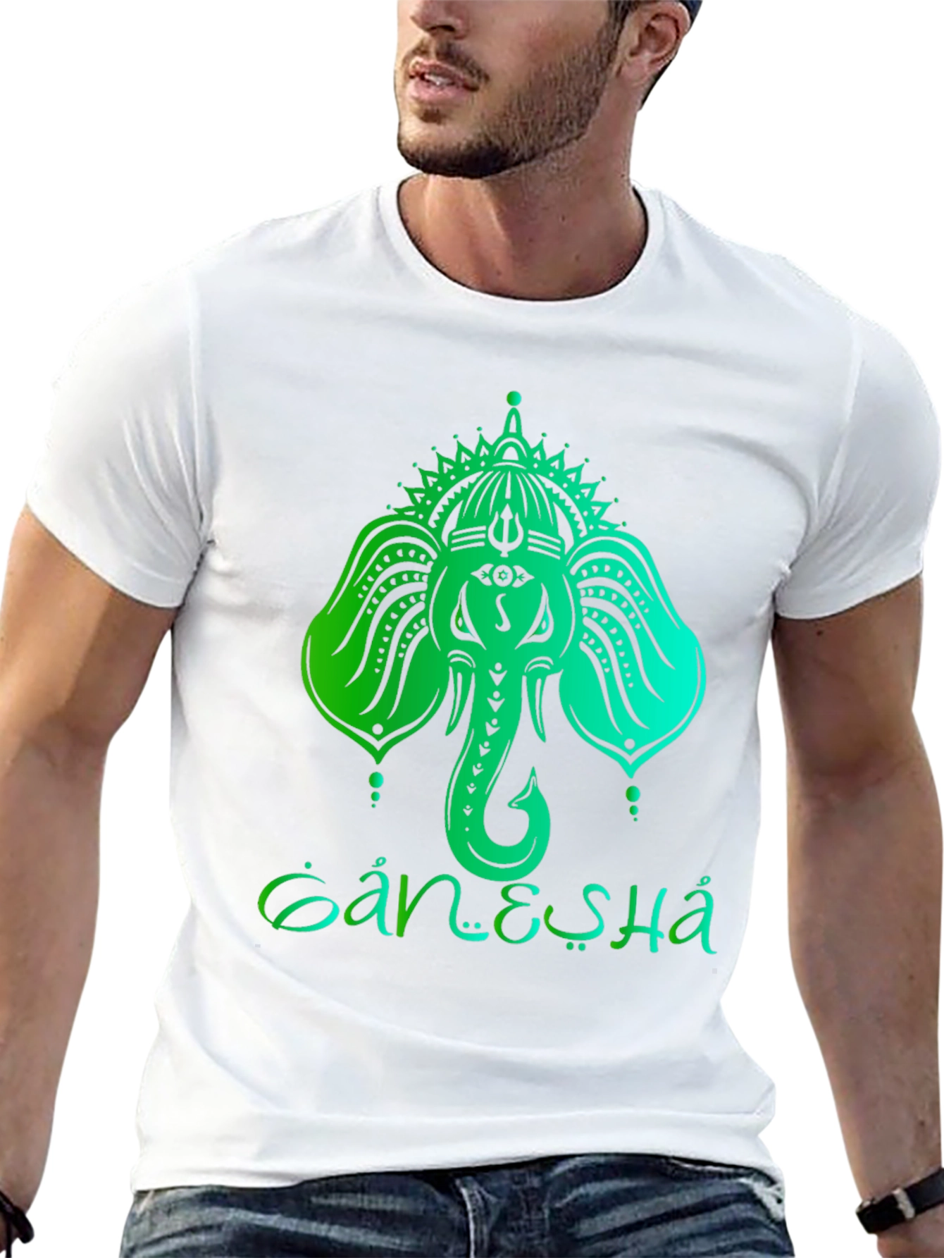 Camiseta Hombre Negra con Diseño de Ganesha Verde Degradado
