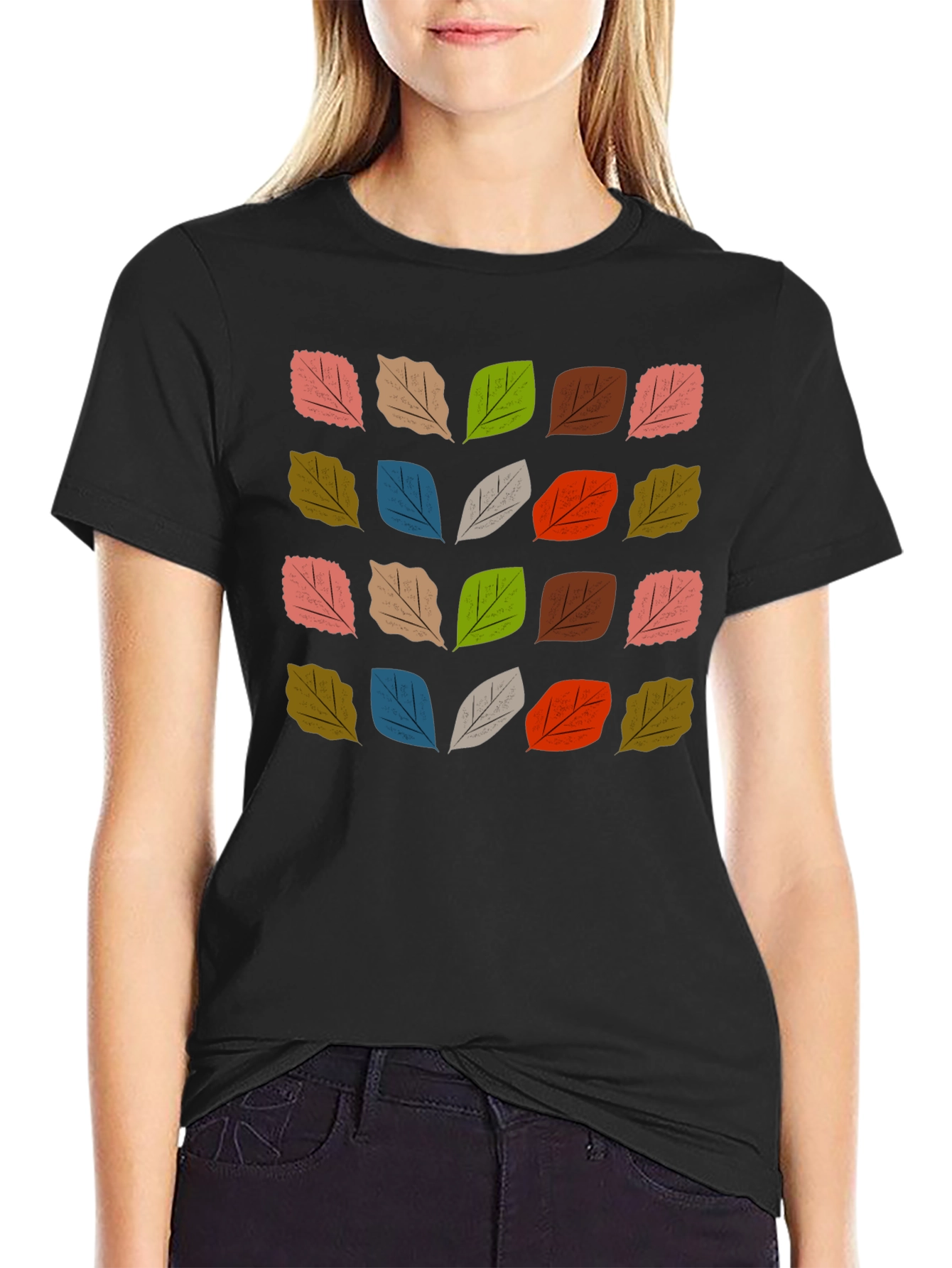 Camiseta Negra con Diseño de Hojas Coloridas