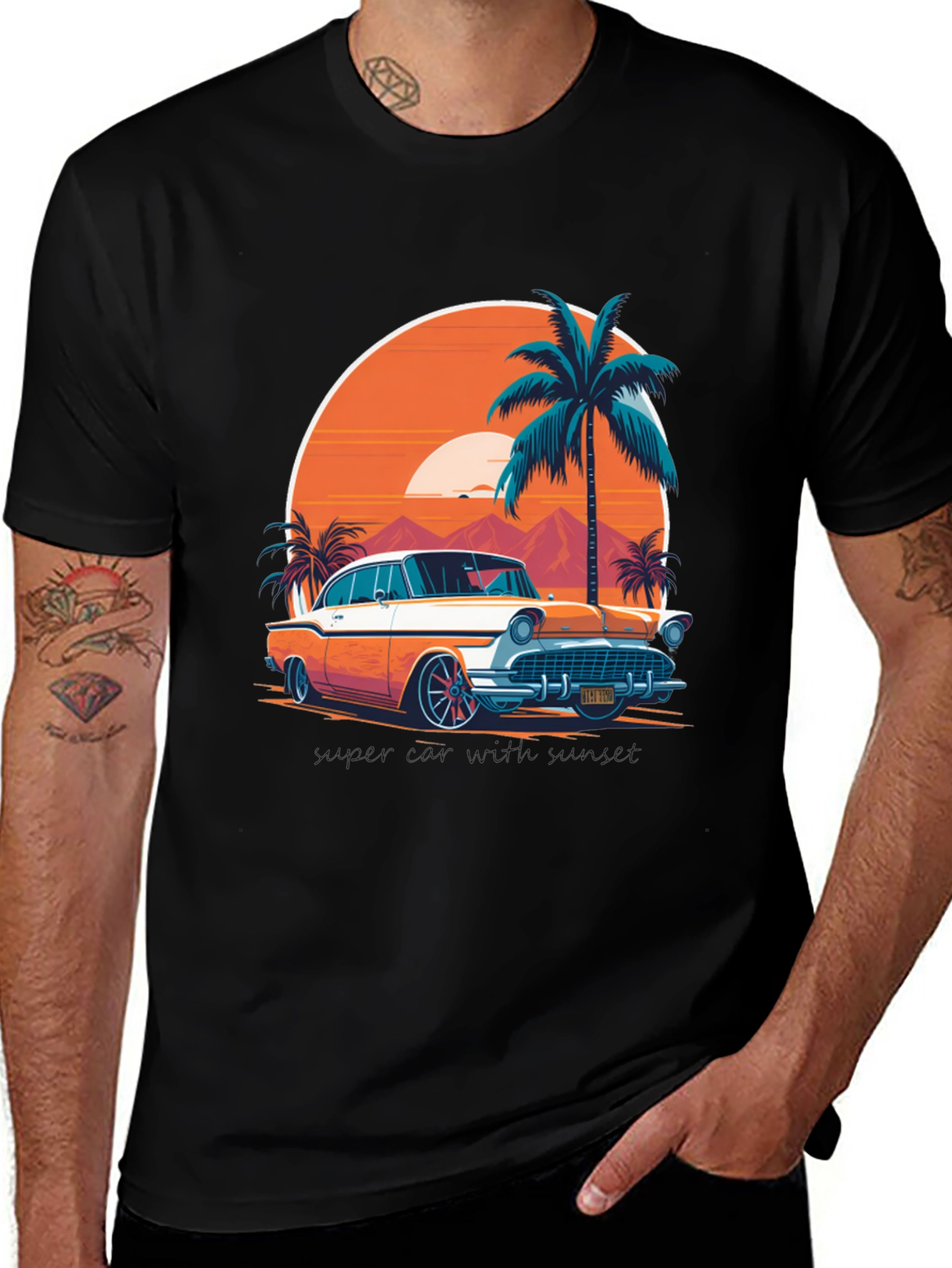 Camiseta Negra con Diseño de Coche Clásico Tropical