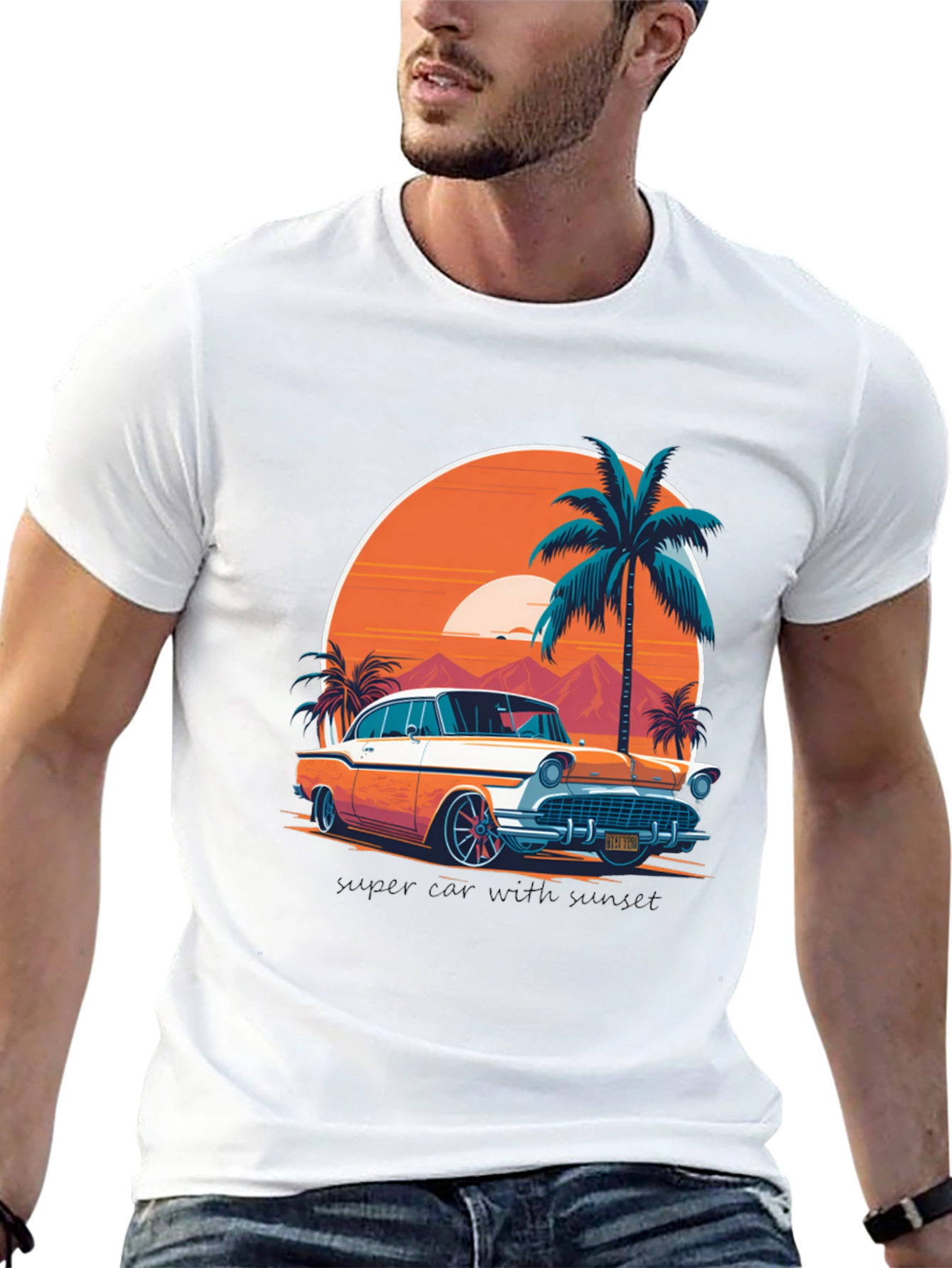 Camiseta Negra con Diseño de Coche Clásico Tropical