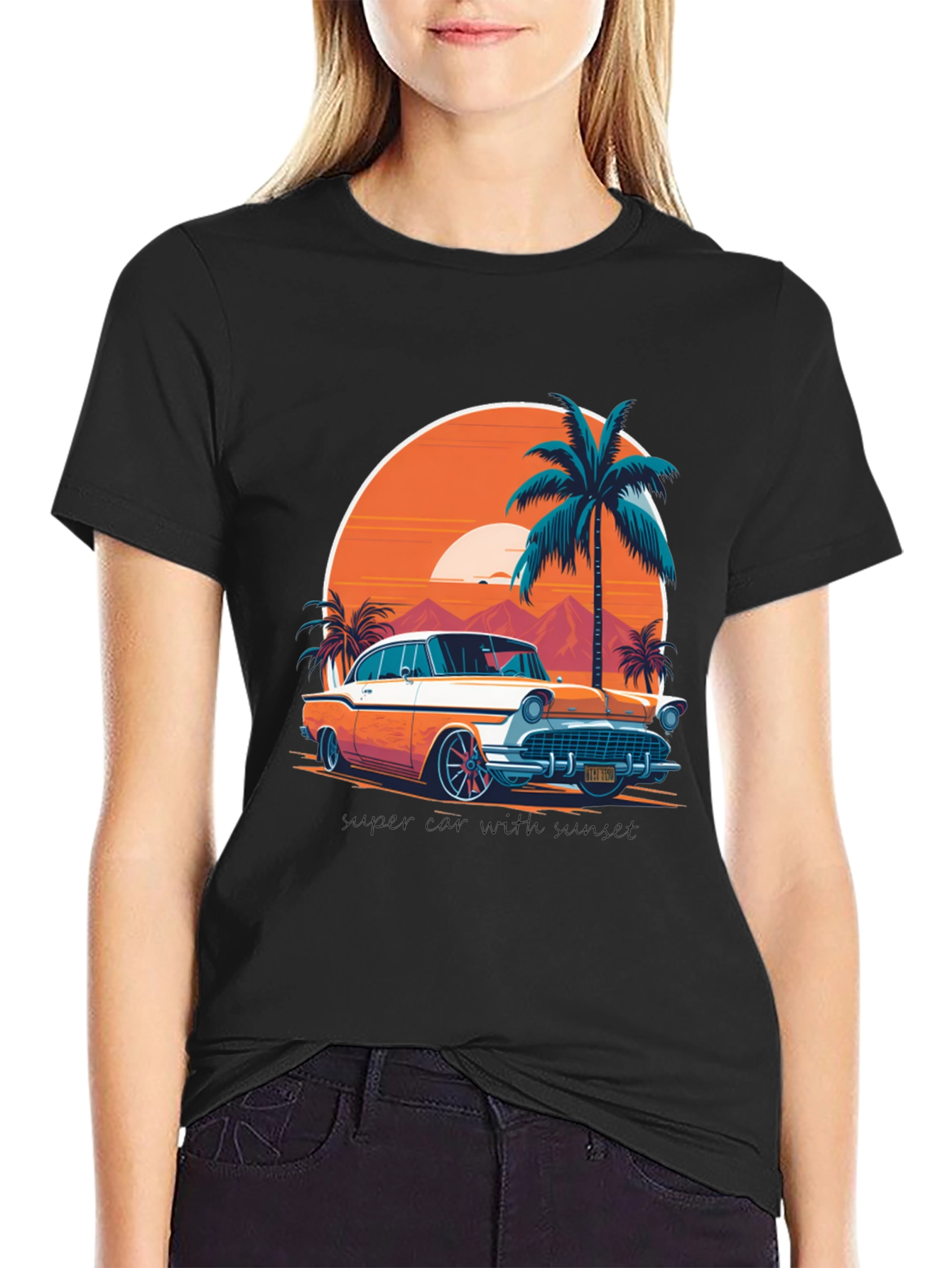Camiseta Negra con Diseño de Coche Clásico Tropical