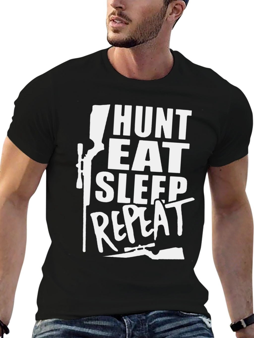 Camiseta Negra Cazar Comer Dormir Repetir