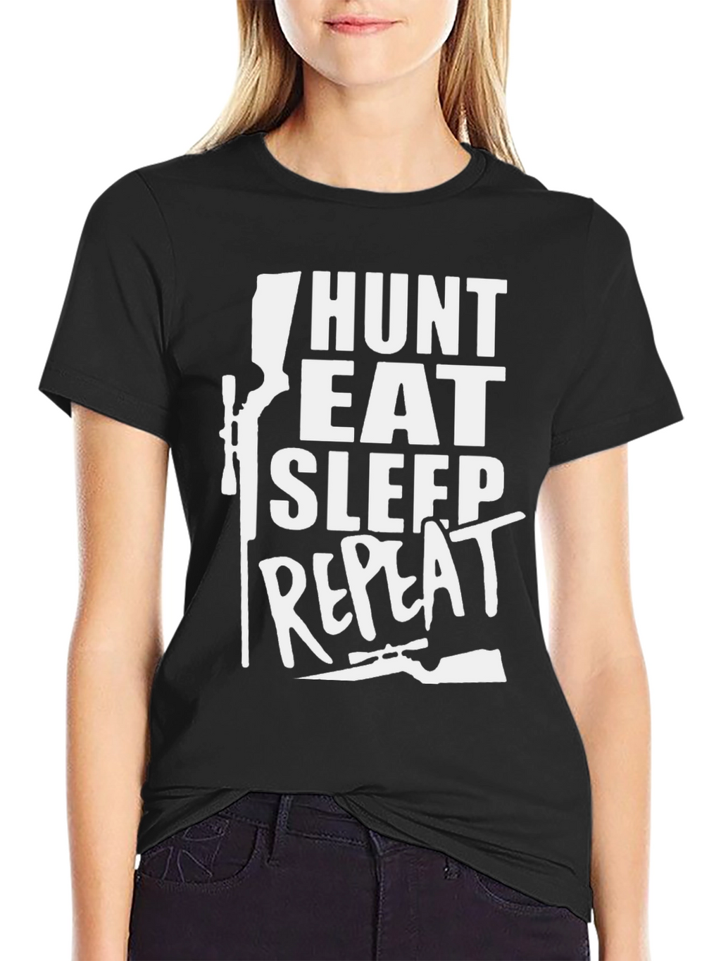 Camiseta Negra Cazar Comer Dormir Repetir