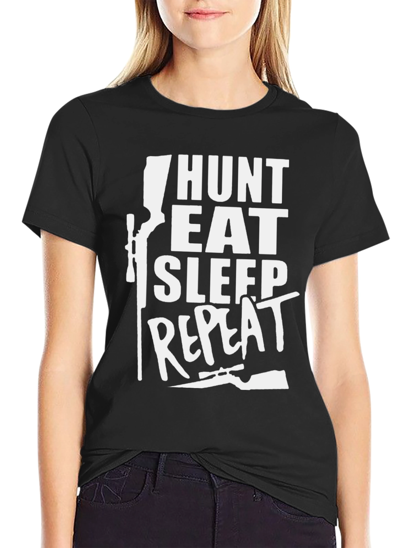 Camiseta Negra Cazar Comer Dormir Repetir