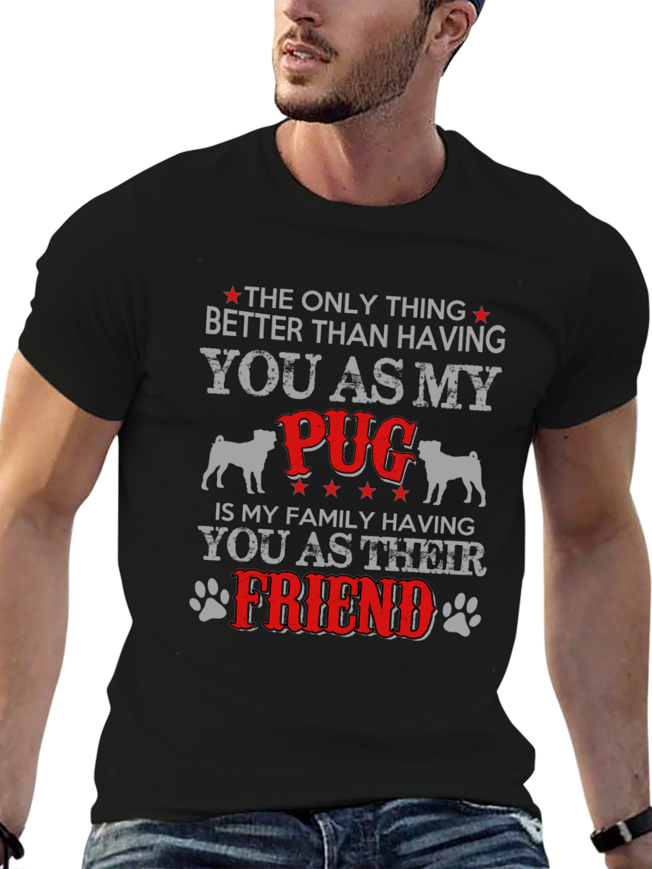 Camiseta Hombre Negra Diseño Pug Amigo