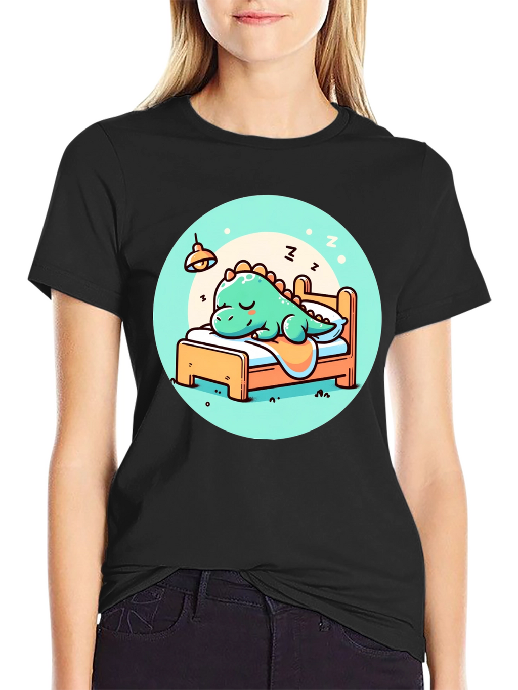 Camiseta Negra con Diseño de Dinosaurio Durmiente