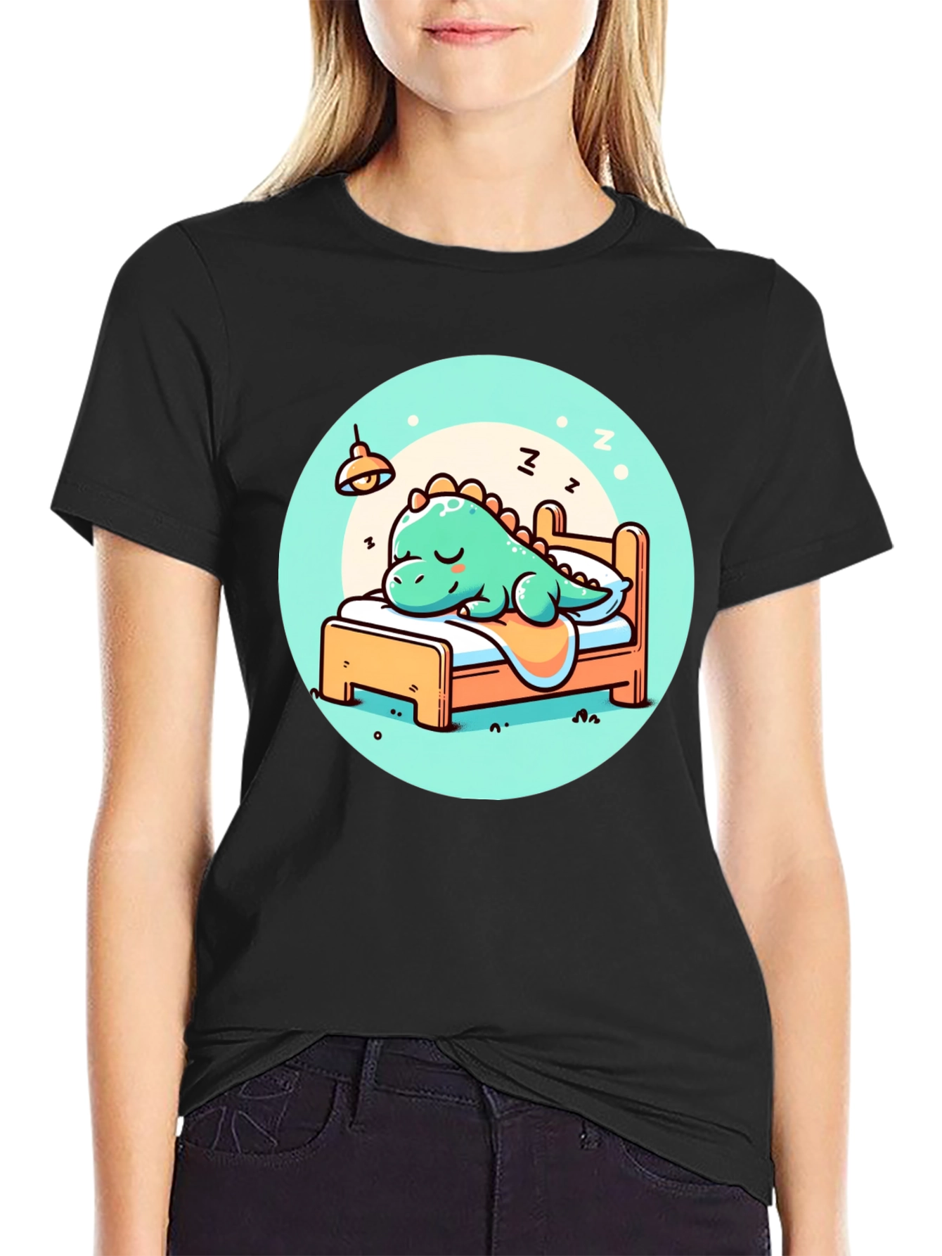 Camiseta Negra con Diseño de Dinosaurio Durmiente