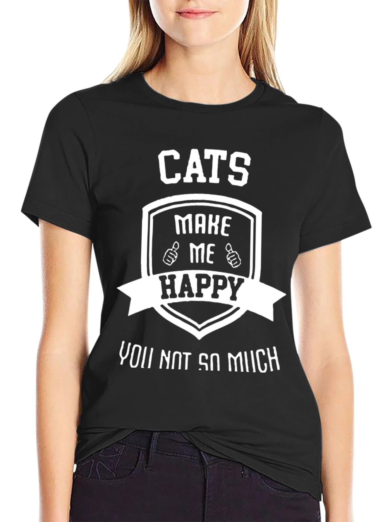 Camiseta Negra con Diseño de Gatos Felices