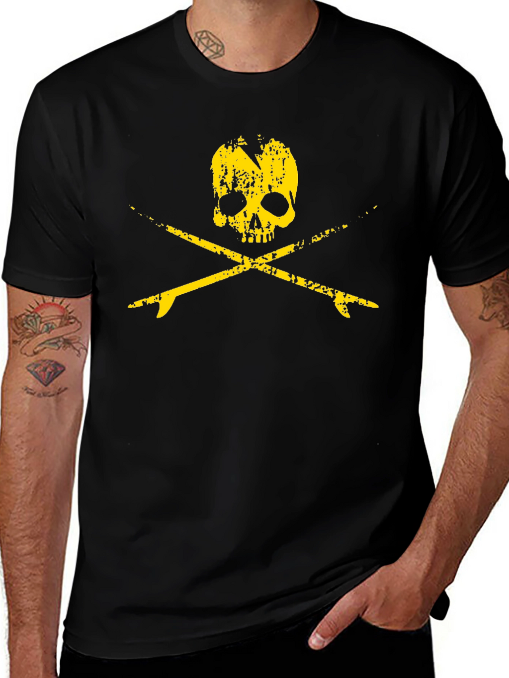 Camiseta Negra Calavera Surfista Hombre Estilo Casual