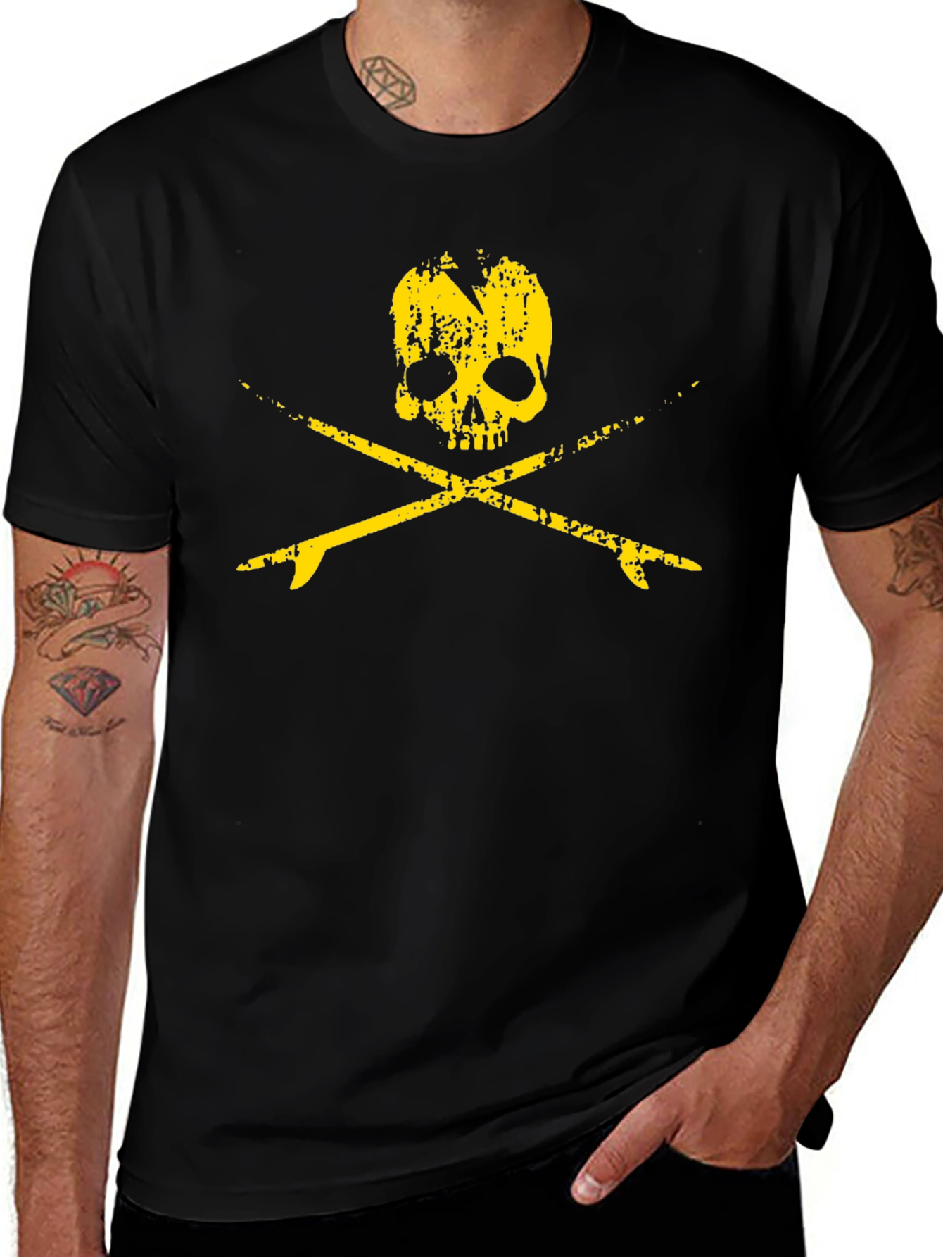 Camiseta Negra Calavera Surfista Hombre Estilo Casual
