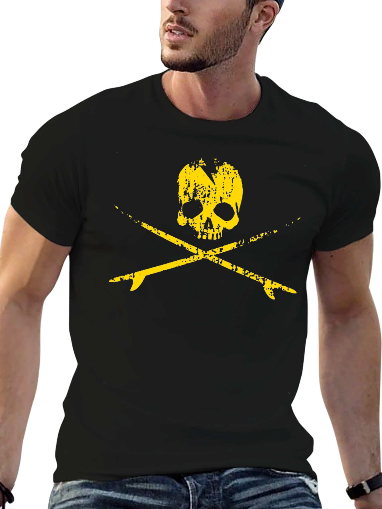 Camiseta Negra Calavera Surfista Hombre Estilo Casual