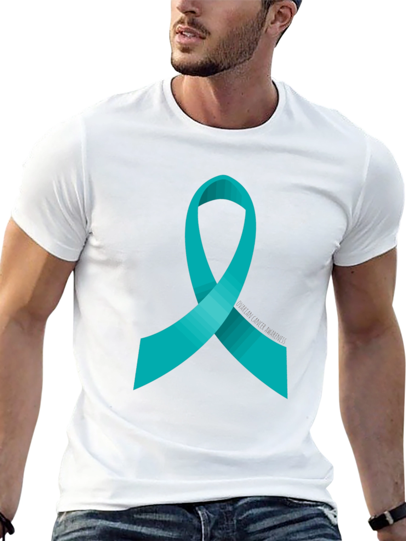 Camiseta Negra con Cinta de Concienciación del Cáncer de Ovario