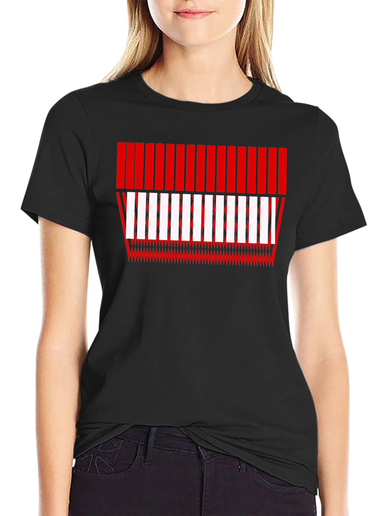 Camiseta Negra con Diseño Abstracto Rojo y Blanco