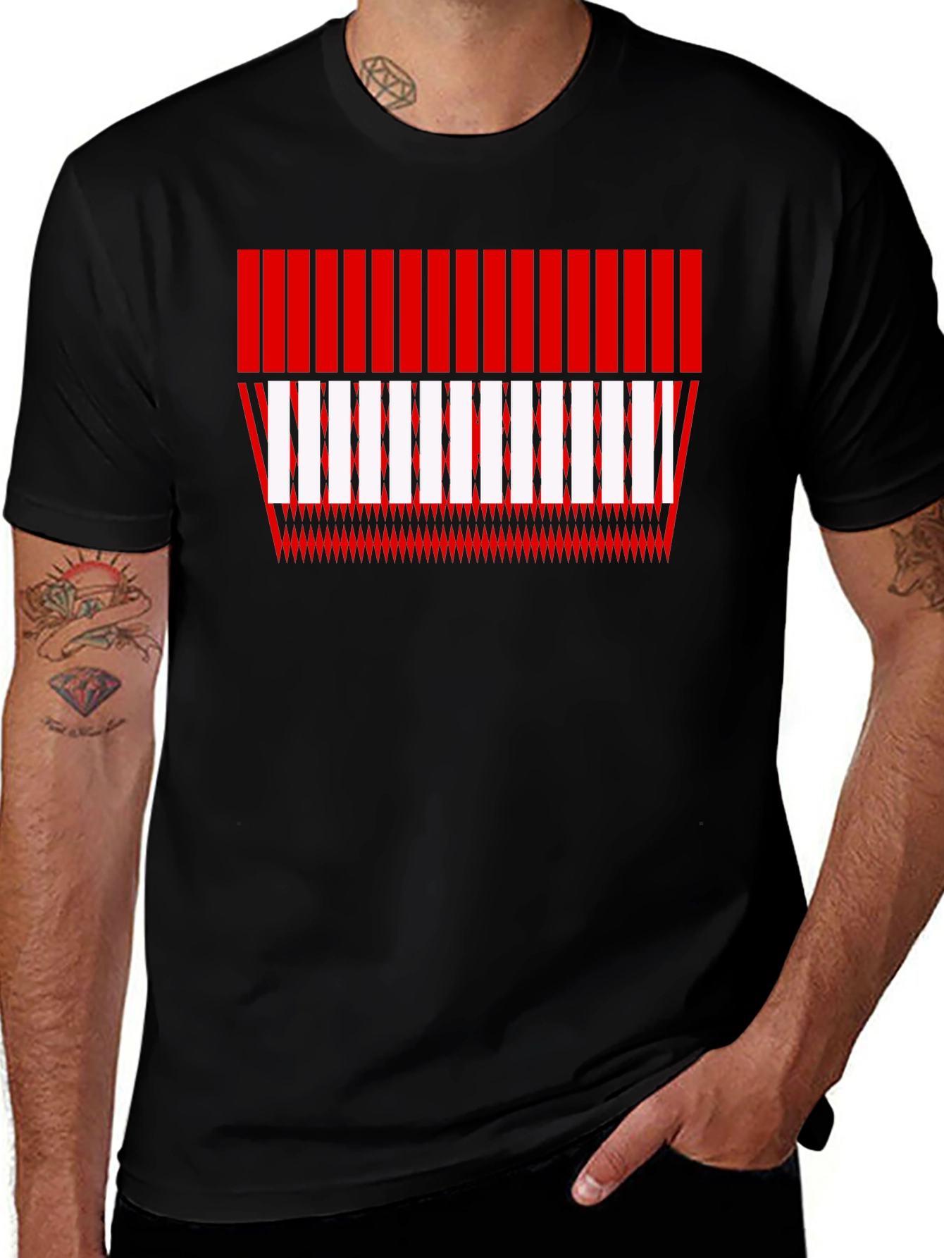 Camiseta Negra con Diseño Abstracto Rojo y Blanco