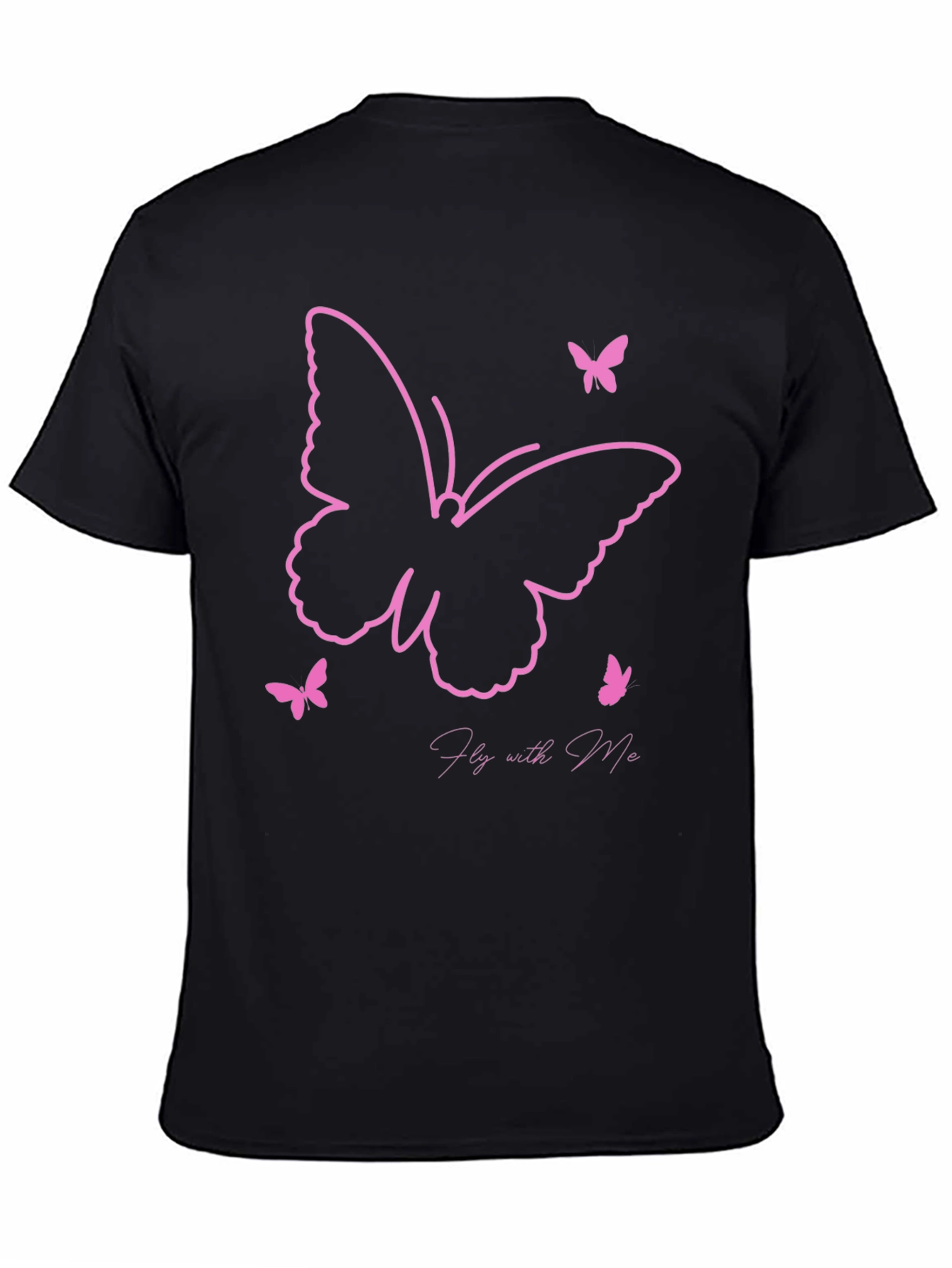 Camiseta Negra con Diseño de Mariposas Rosadas