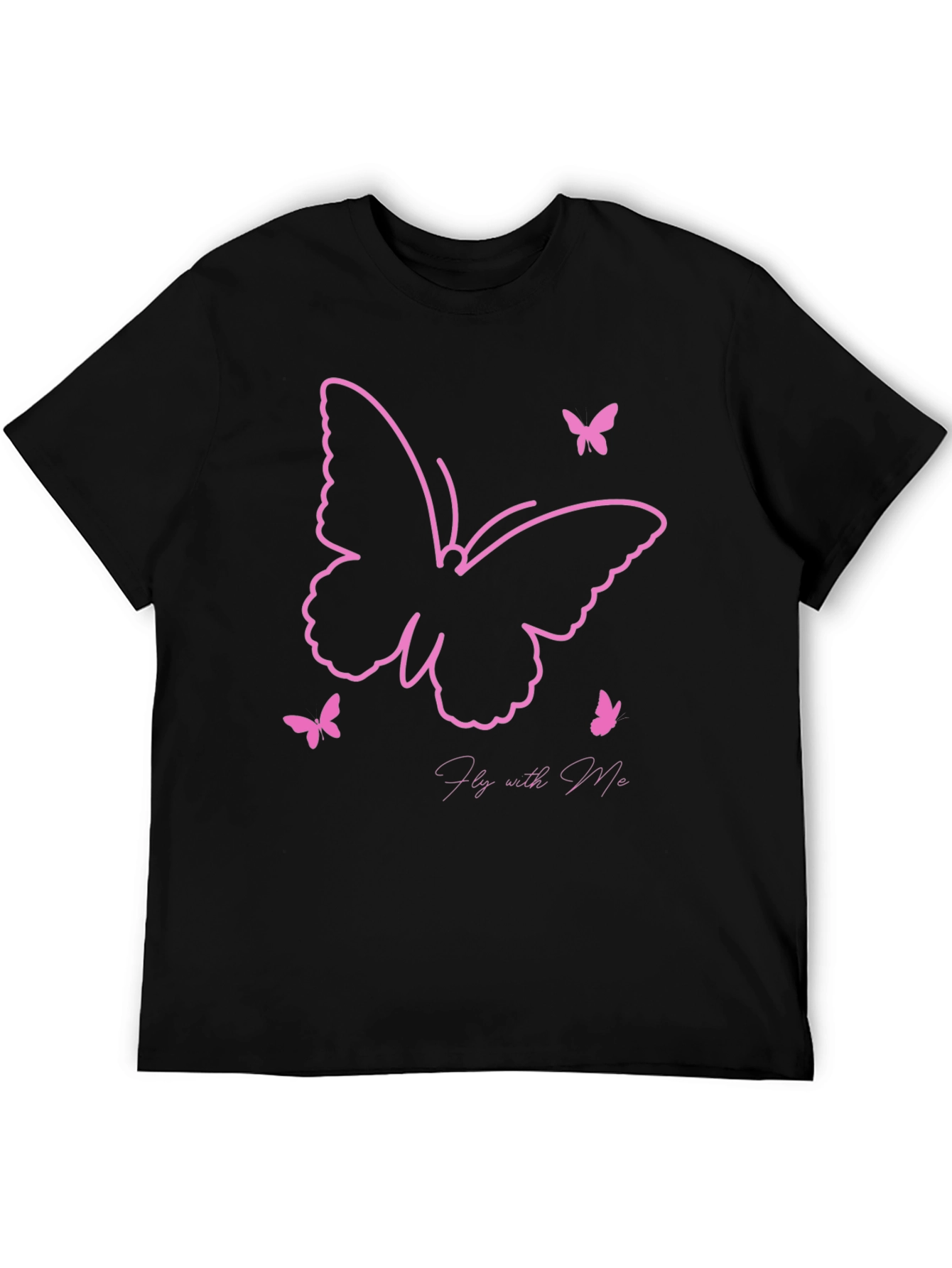 Camiseta Negra con Diseño de Mariposas Rosadas