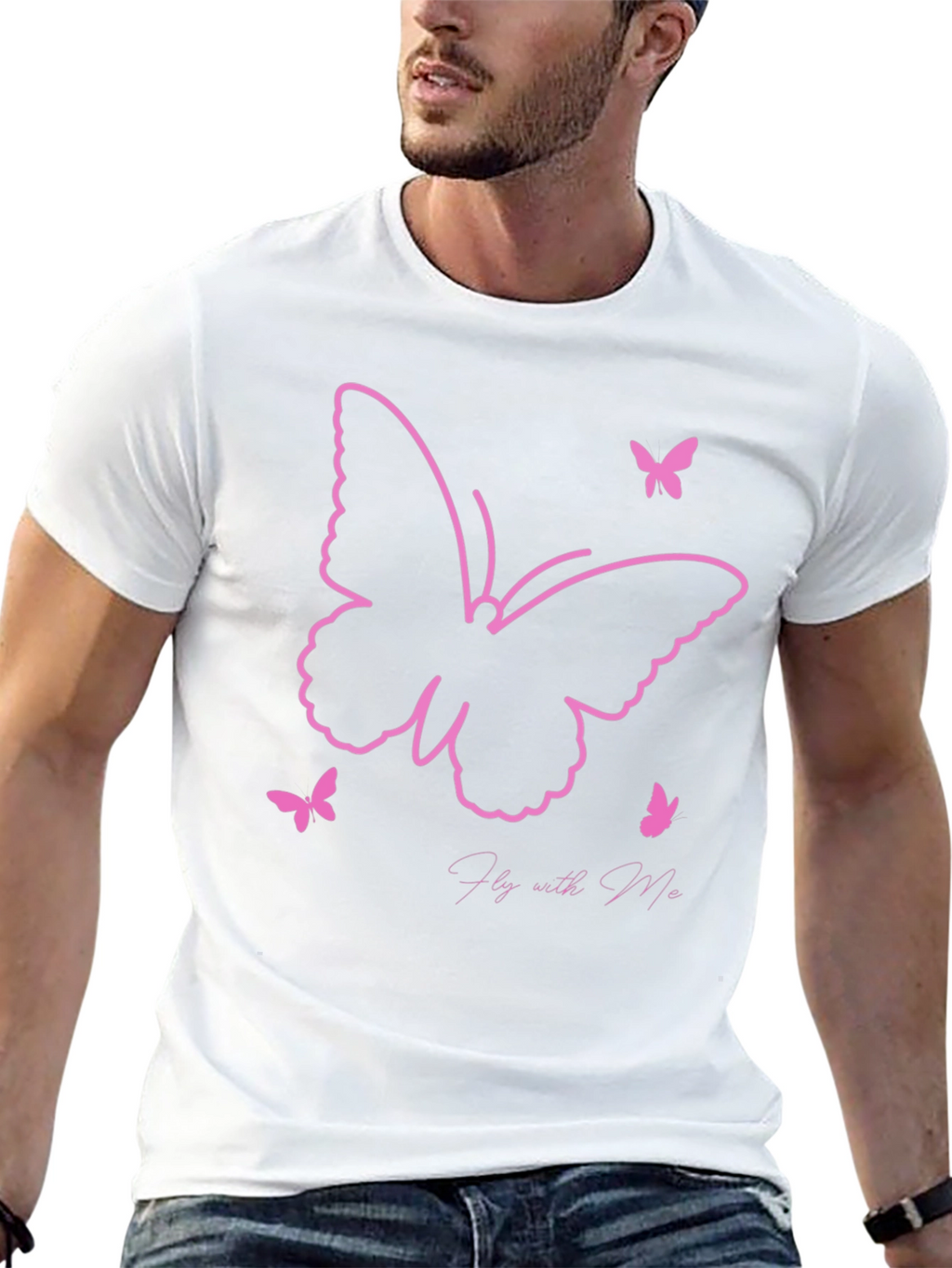 Camiseta Negra con Diseño de Mariposas Rosadas