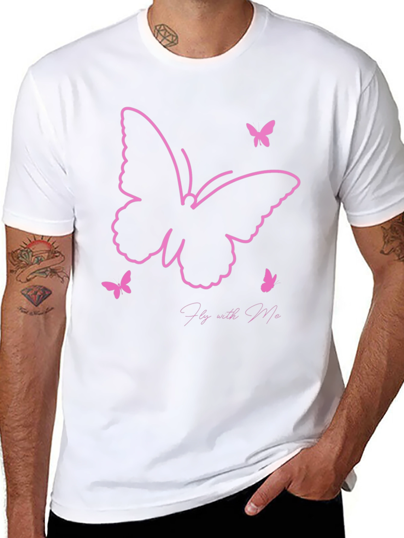 Camiseta Negra con Diseño de Mariposas Rosadas