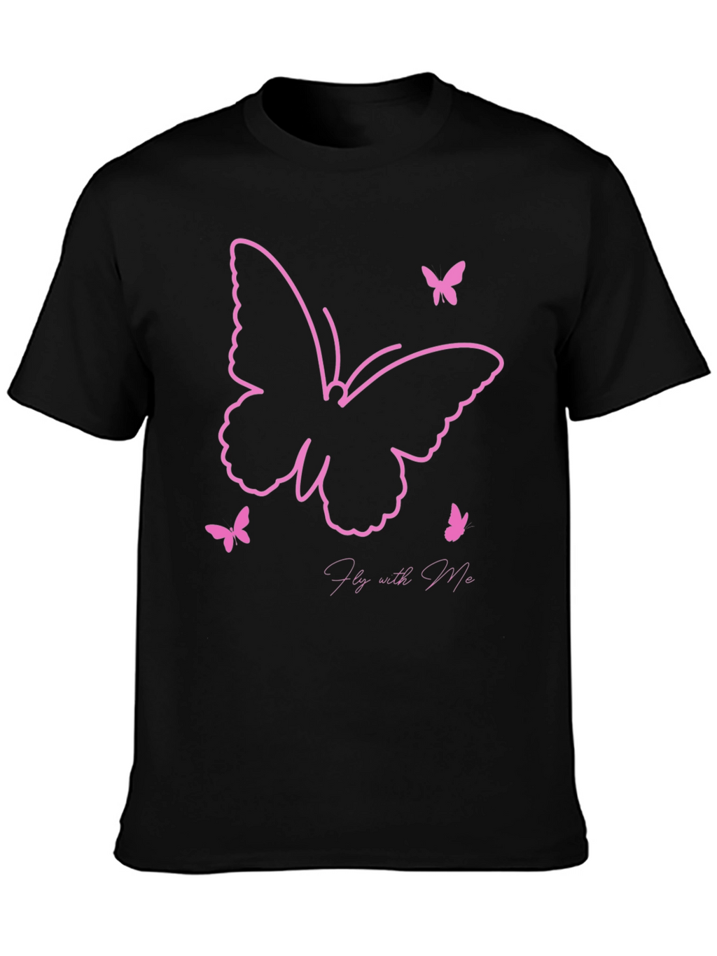 Camiseta Negra con Diseño de Mariposas Rosadas