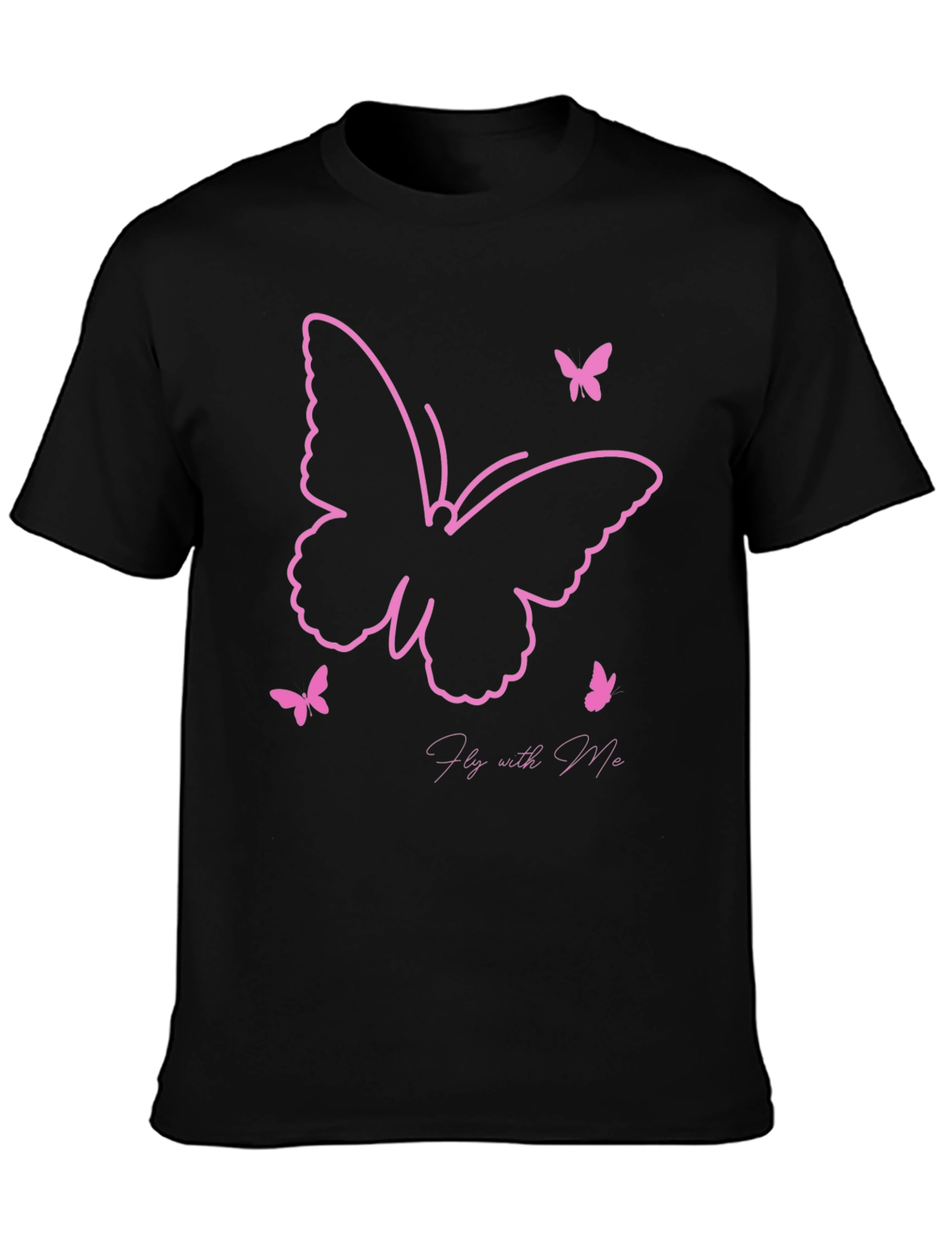 Camiseta Negra con Diseño de Mariposas Rosadas