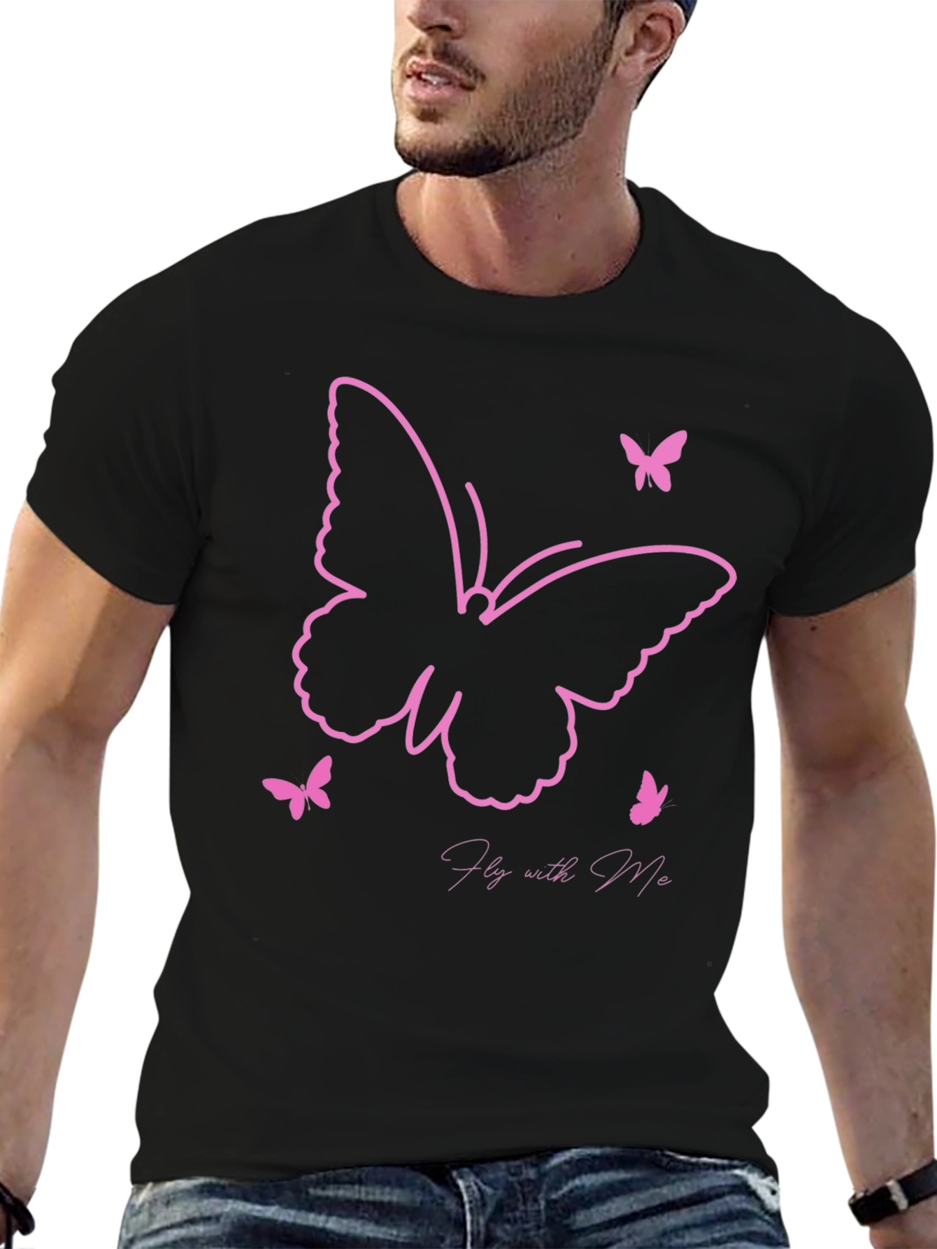 Camiseta Negra con Diseño de Mariposas Rosadas