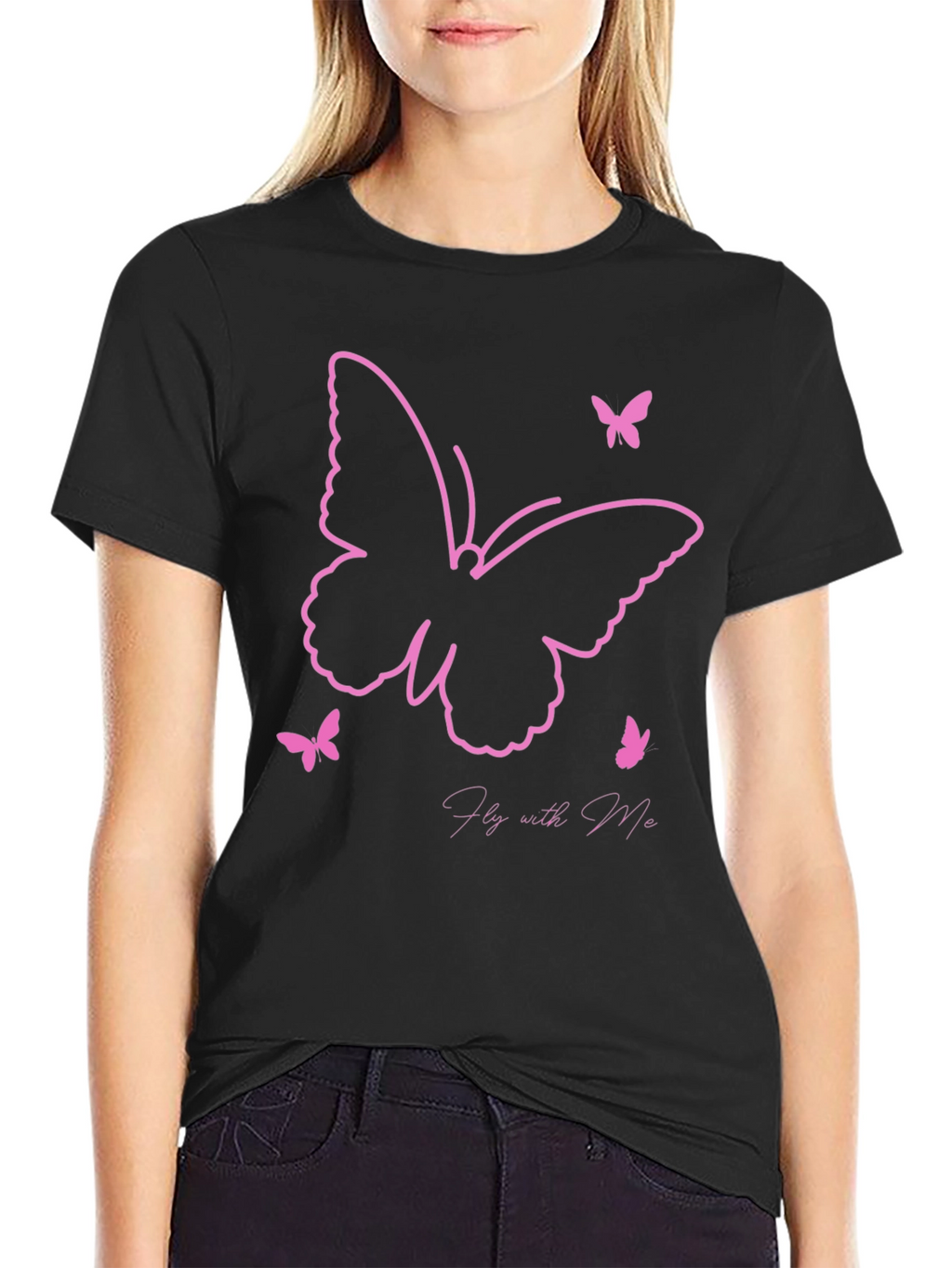 Camiseta Negra con Diseño de Mariposas Rosadas