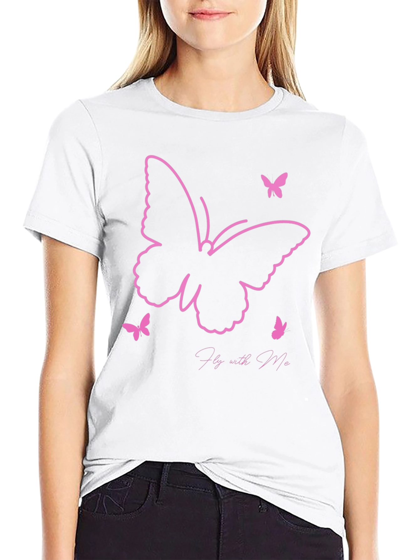 Camiseta Negra con Diseño de Mariposas Rosadas