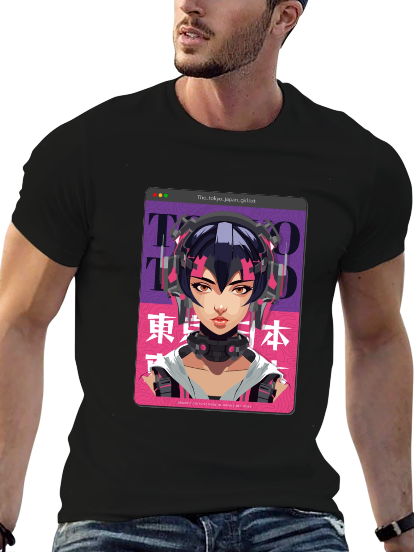 Camiseta Negra con Diseño Anime Cyberpunk Tokio