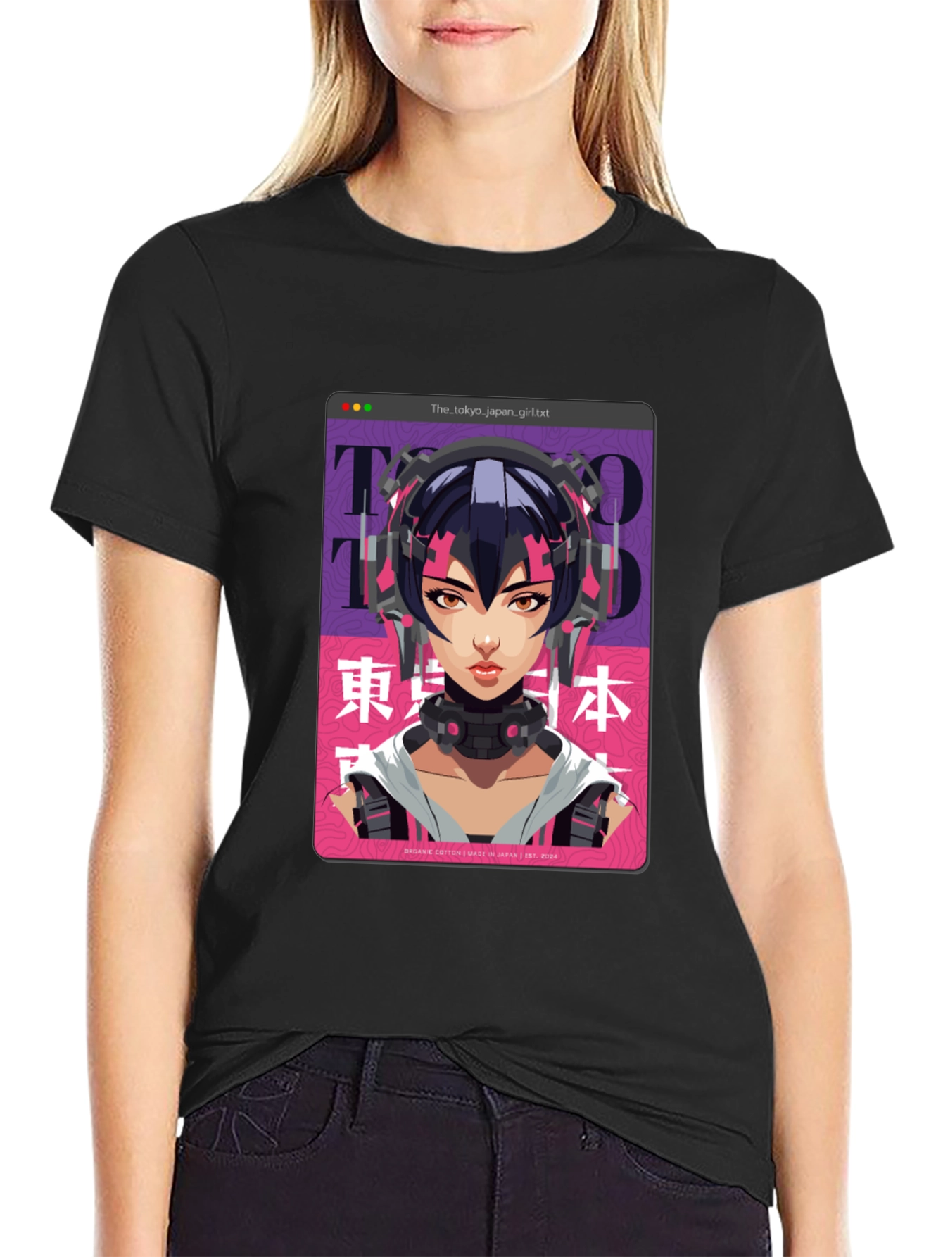 Camiseta Negra con Diseño Anime Cyberpunk Tokio