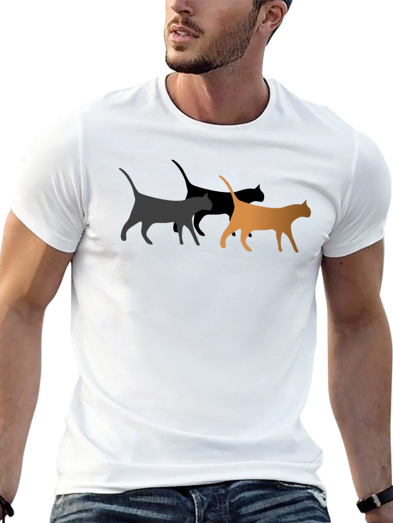 Camiseta Negra con Diseño de Gatos en Fila
