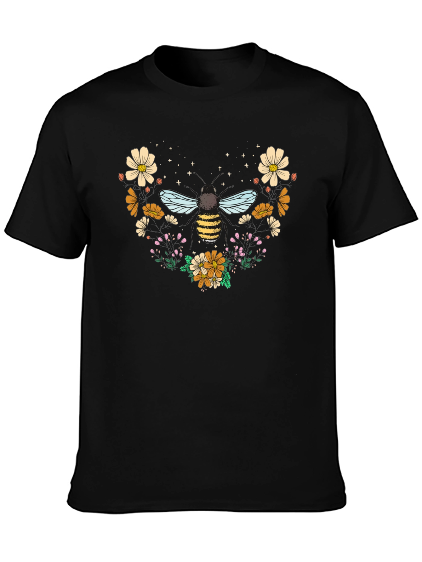Camiseta Negra con Diseño de Abeja Floral