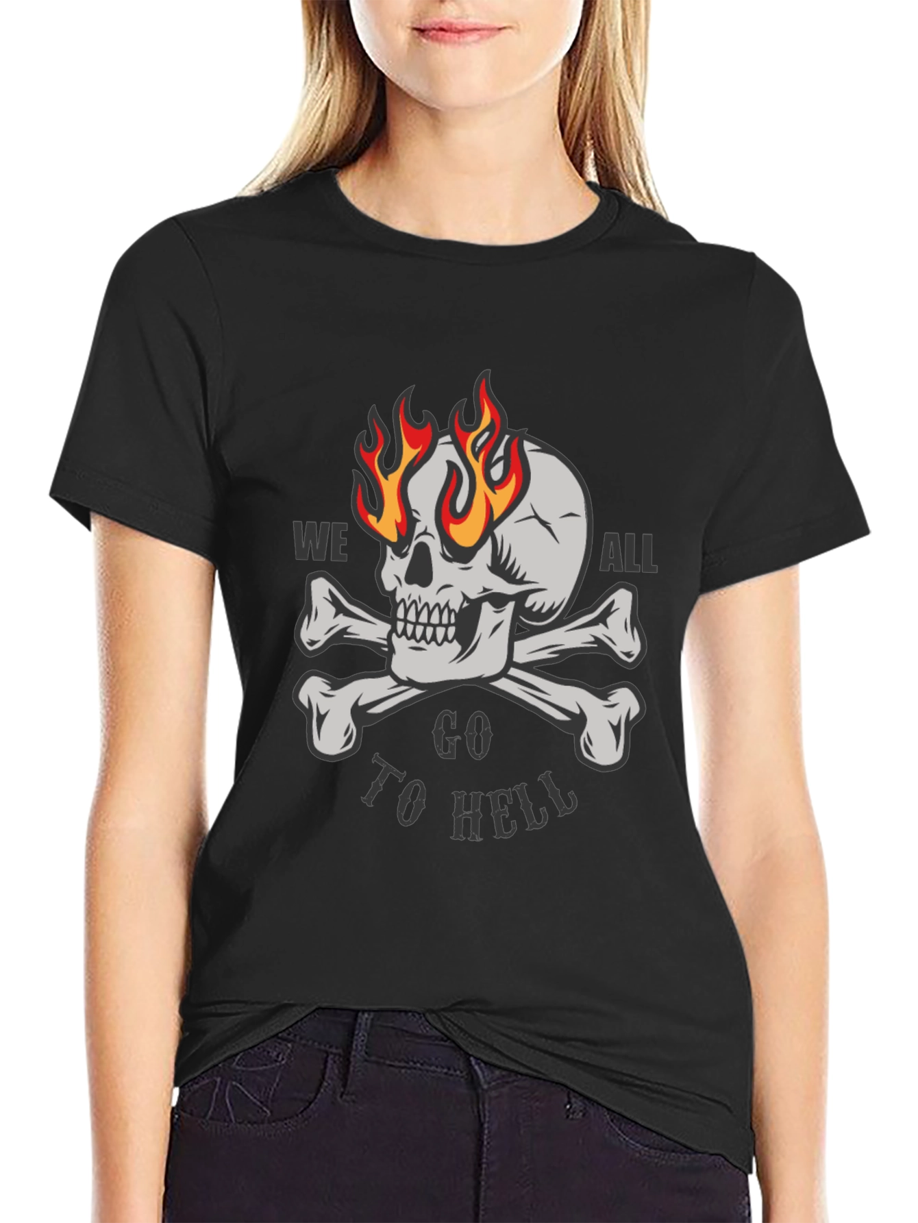 Camiseta Negra Calavera en Llamas Vamos al Infierno