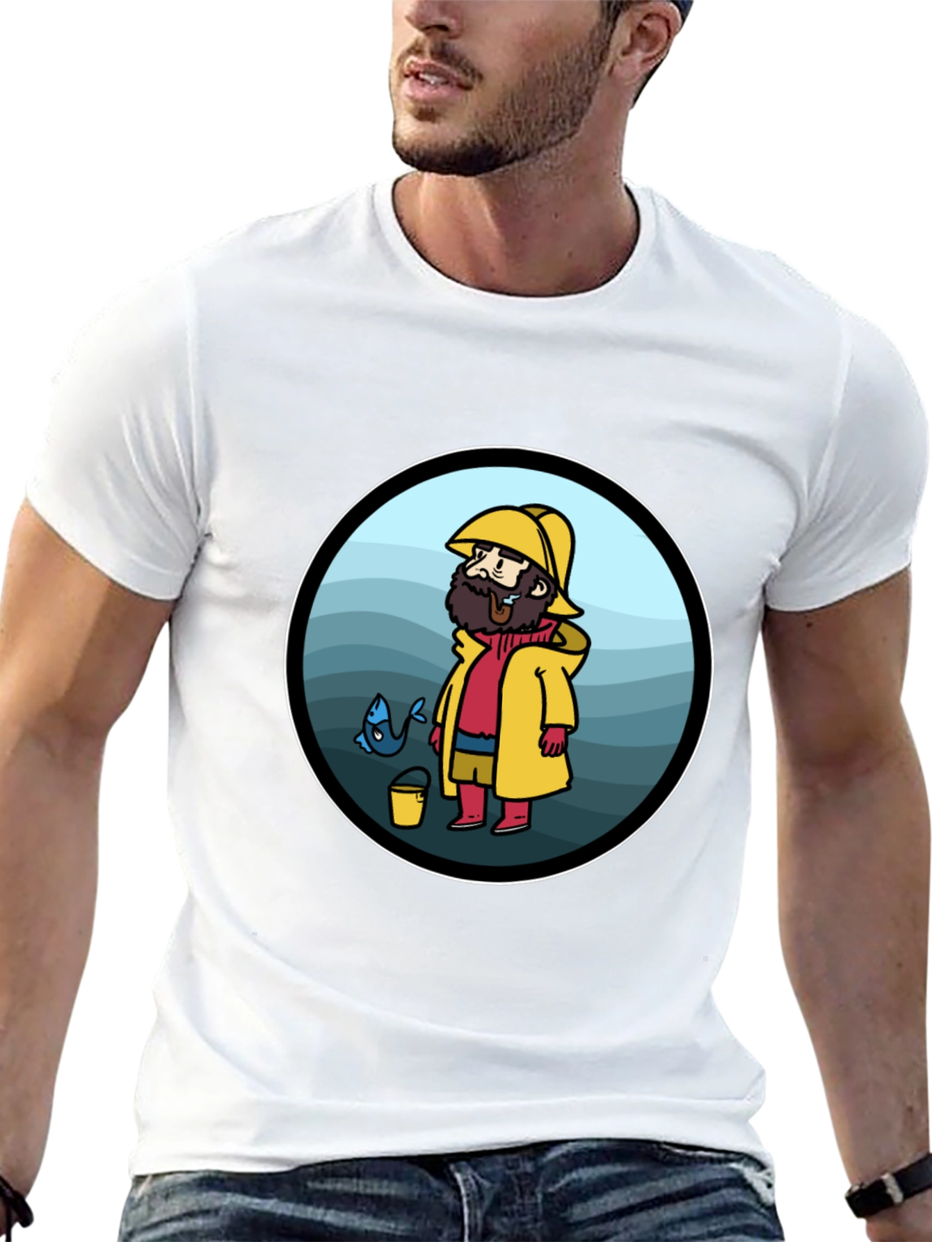 Camiseta Negra con Diseño de Marinero Pescador