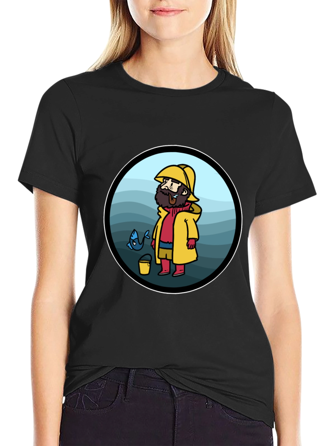Camiseta Negra con Diseño de Marinero Pescador