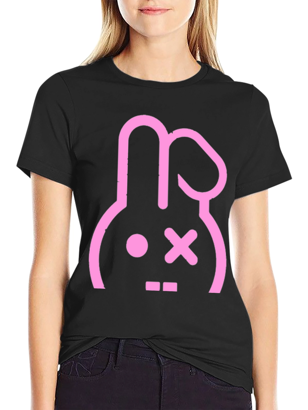 Camiseta Negra con Diseño Conejo Punk Rosa