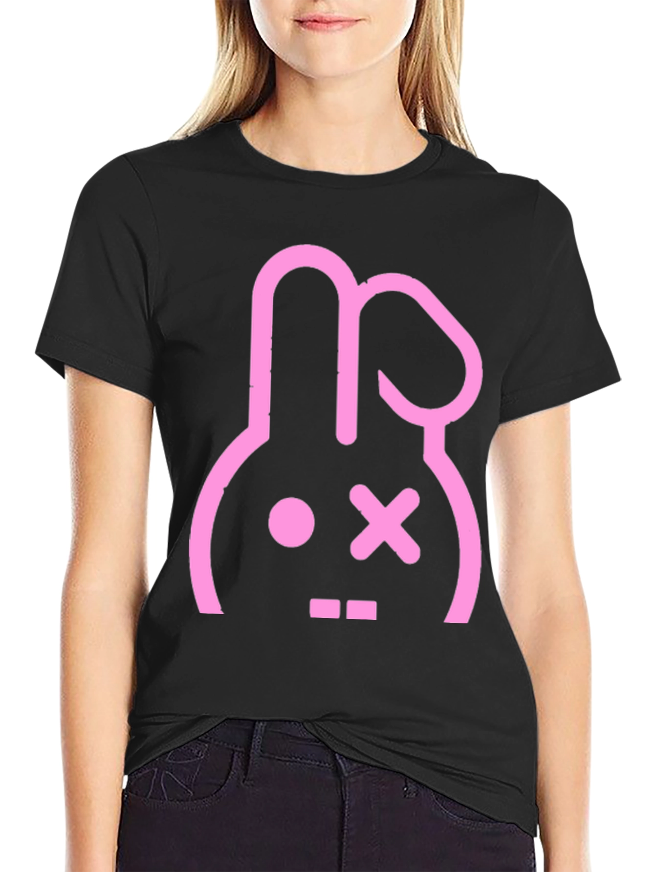Camiseta Negra con Diseño Conejo Punk Rosa
