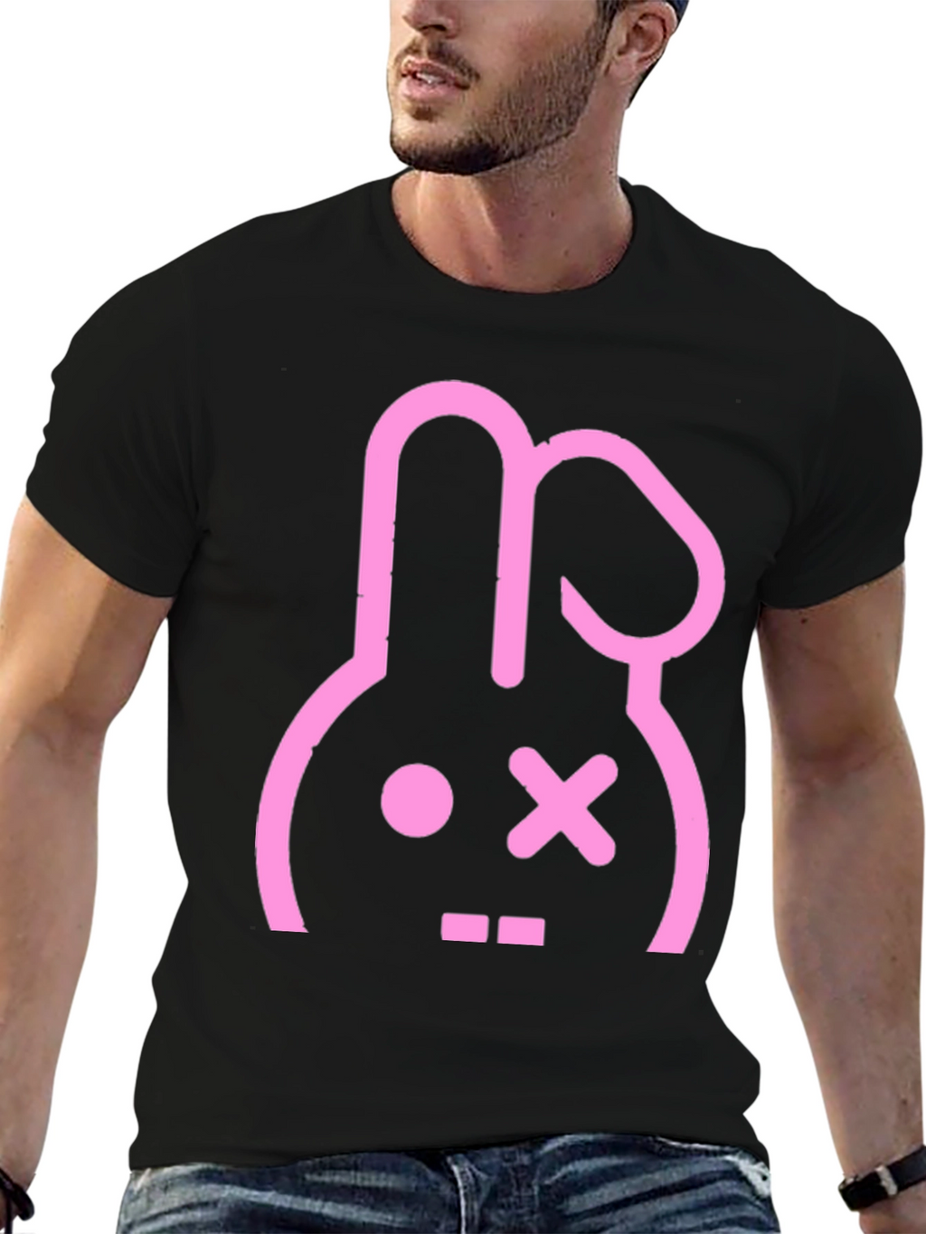 Camiseta Negra con Diseño Conejo Punk Rosa
