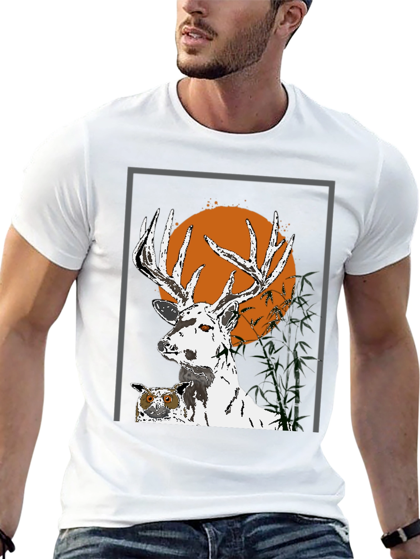 Camiseta Negra con Diseño de Ciervo y Búho