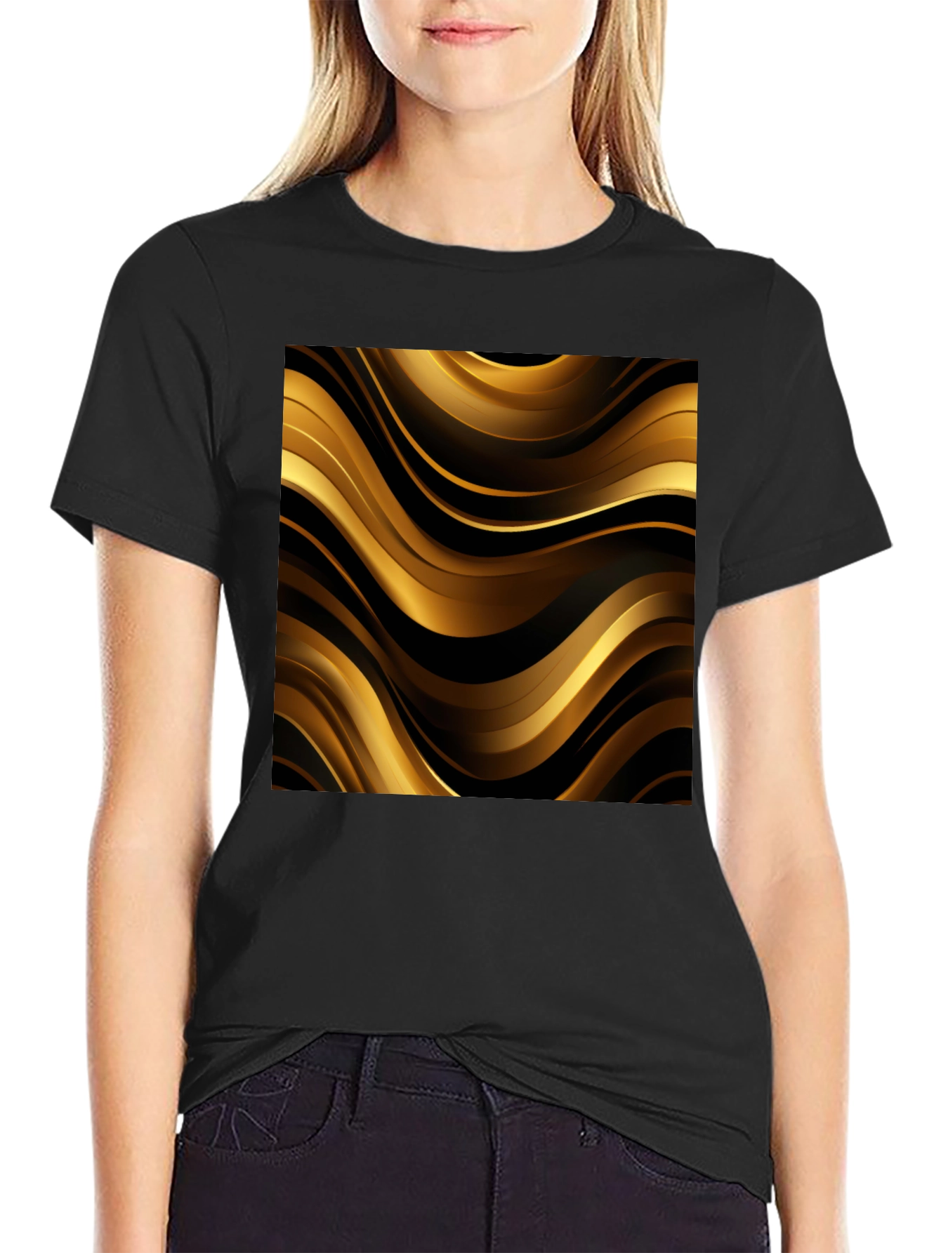 Camiseta Negra con Diseño Abstracto Dorado y Negro