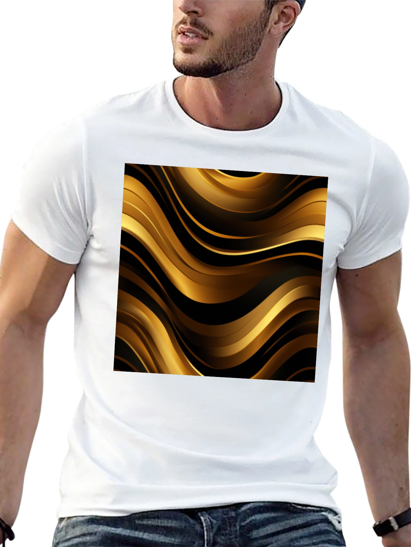 Camiseta Negra con Diseño Abstracto Dorado y Negro