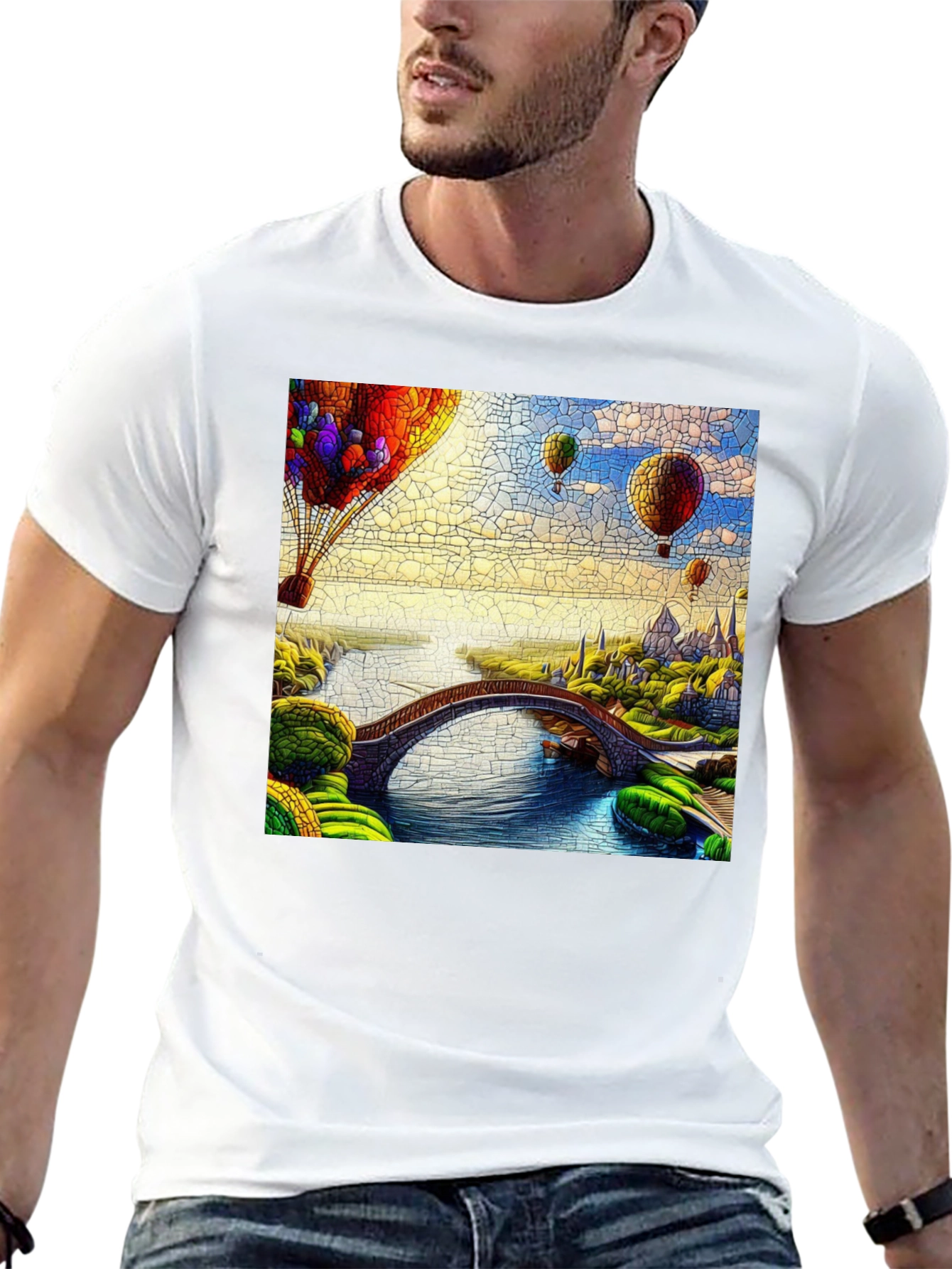 Camiseta Negra con Diseño de Globo Aerostático y Puente