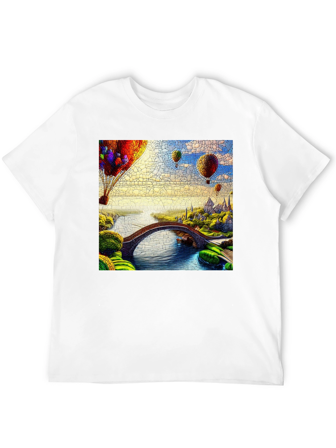 Camiseta Negra con Diseño de Globo Aerostático y Puente