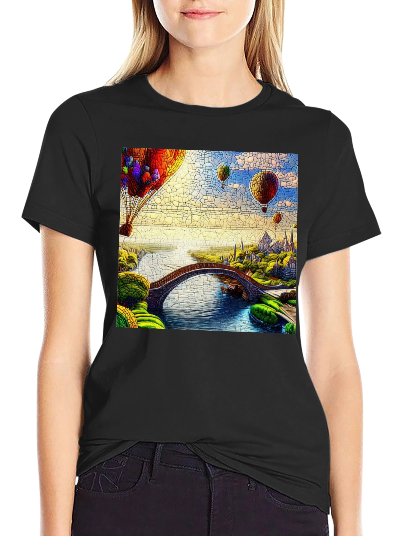 Camiseta Negra con Diseño de Globo Aerostático y Puente