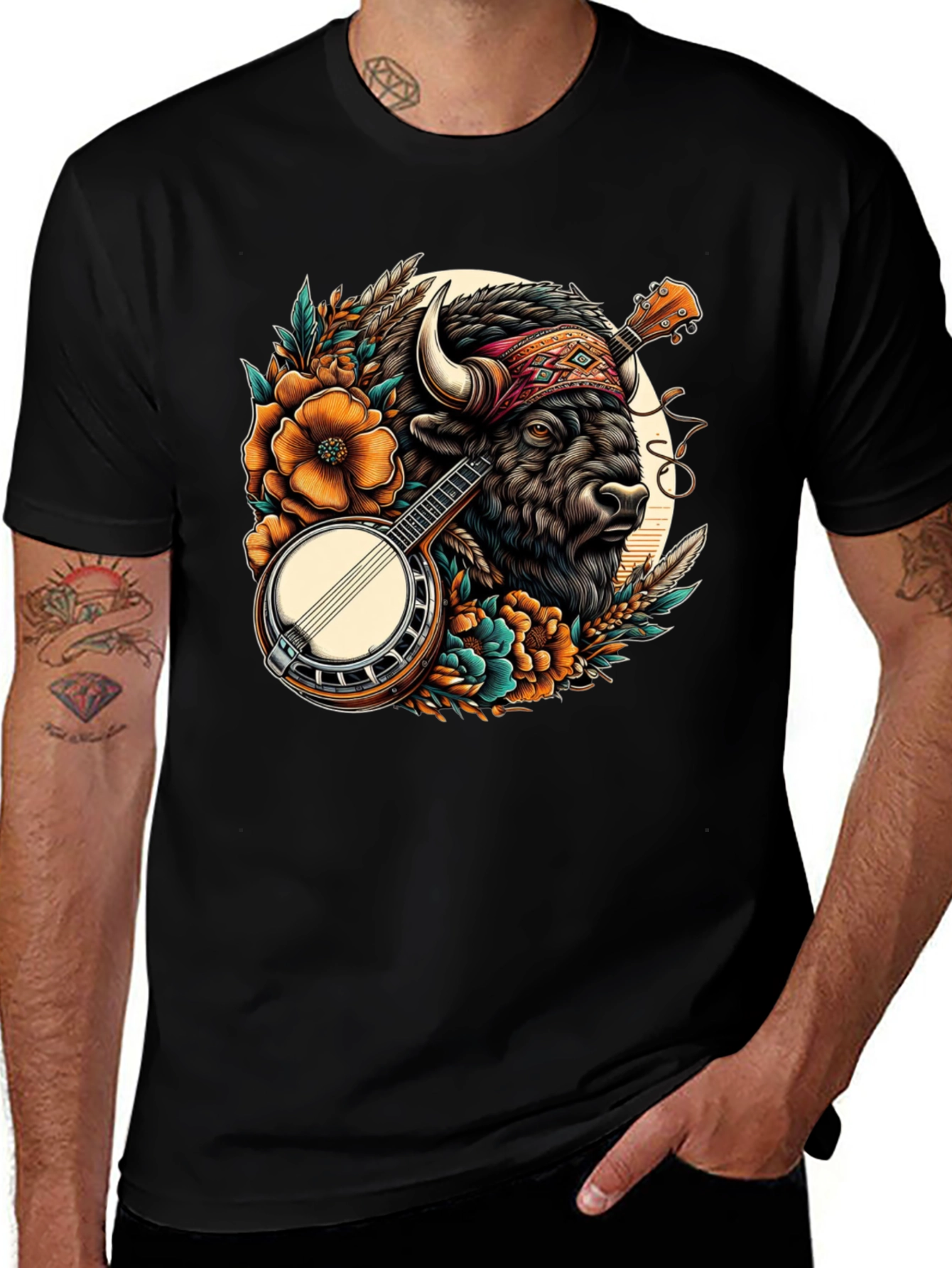 Camiseta Negra con Diseño de Búfalo y Banjo